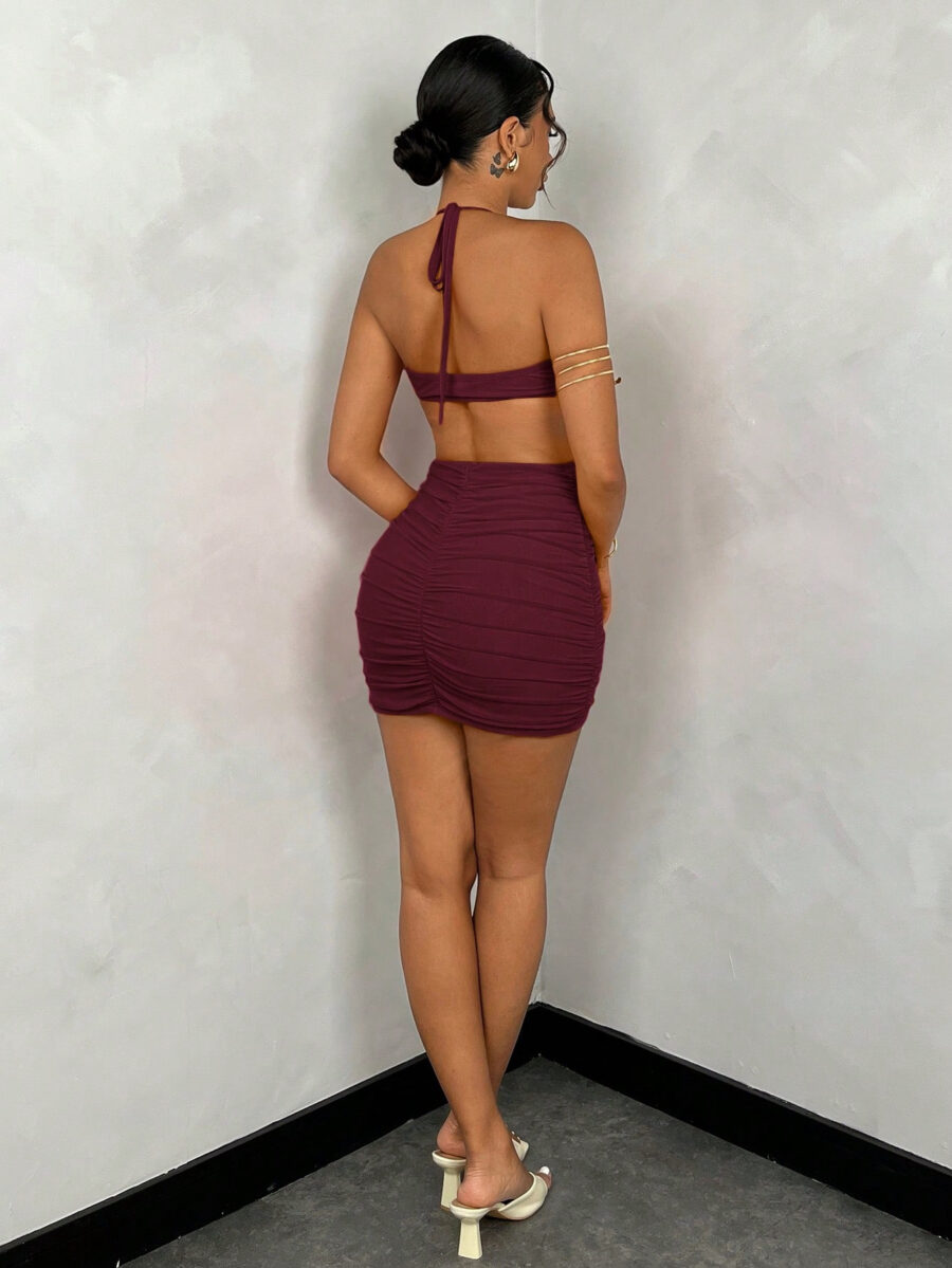 SHABREYA BAE Women's Solid Color Mesh Halter Hollow-Out Ruched Bodycon Dress - Image 11