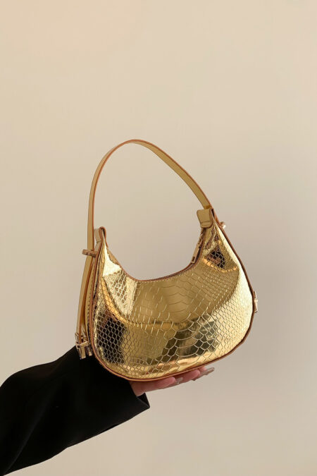 Metallic Snakeskin Embossed Hobo Bag Solid Color Crocodile Embossed Shoulder Bag