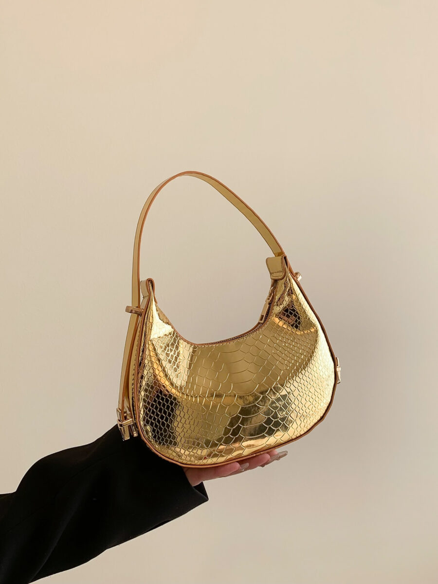 Metallic Snakeskin Embossed Hobo Bag Solid Color Crocodile Embossed Shoulder Bag