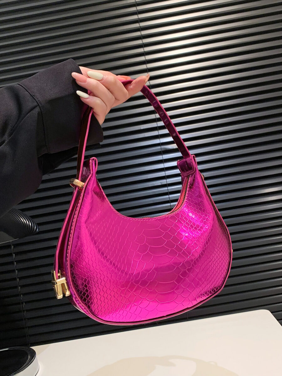 Metallic Snakeskin Embossed Hobo Bag Solid Color Crocodile Embossed Shoulder Bag - Image 2