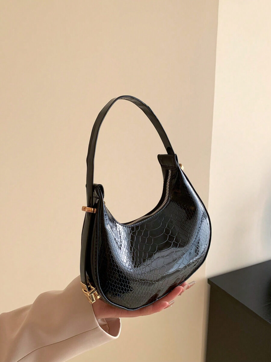 Metallic Snakeskin Embossed Hobo Bag Solid Color Crocodile Embossed Shoulder Bag - Image 3