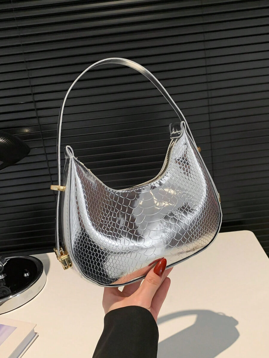 Metallic Snakeskin Embossed Hobo Bag Solid Color Crocodile Embossed Shoulder Bag - Image 4