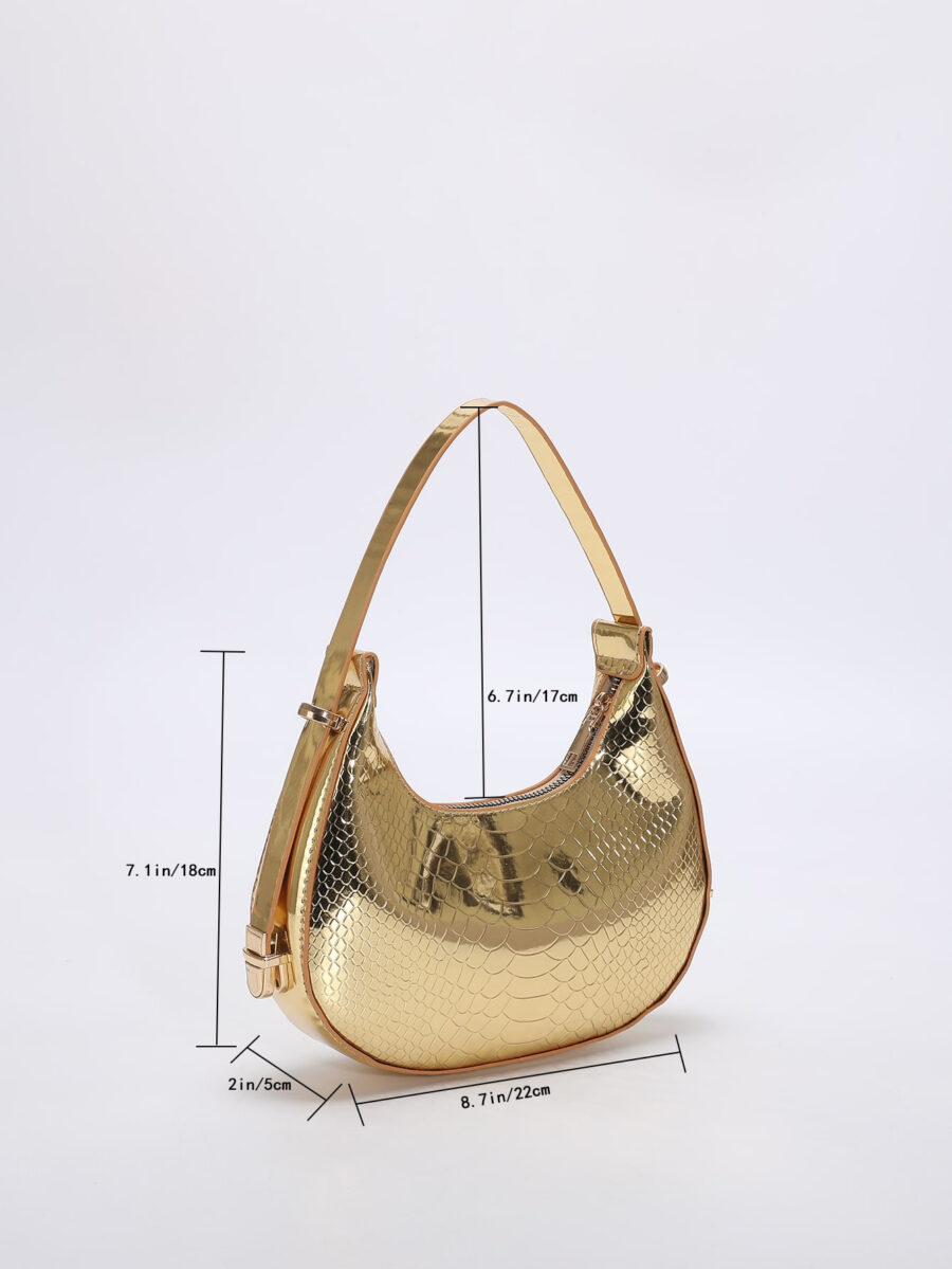 Metallic Snakeskin Embossed Hobo Bag Solid Color Crocodile Embossed Shoulder Bag - Image 6