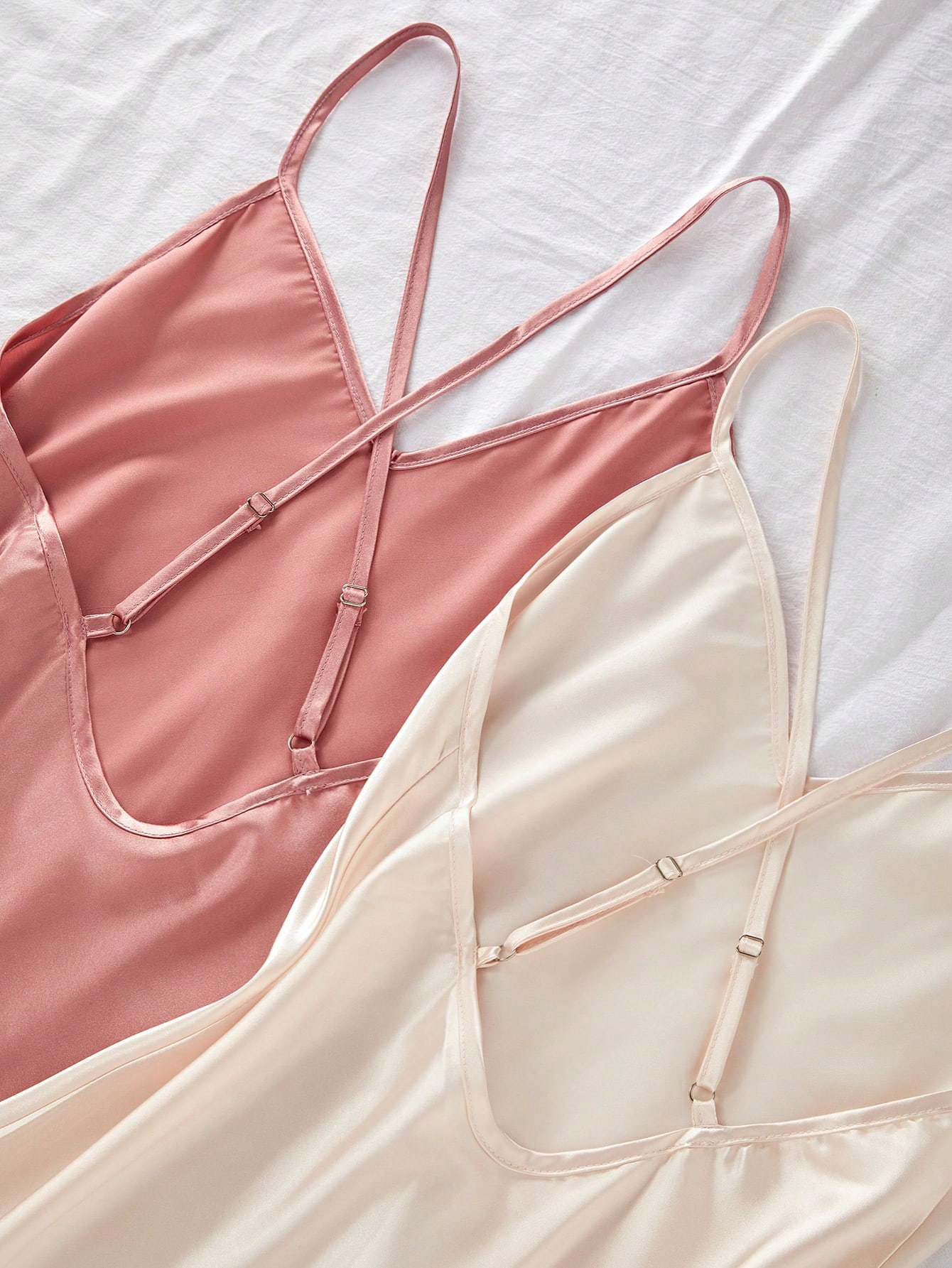 Women's Spaghetti Strap Backless Gentle Sweet Solid Color Cross-Strap Satin Nightdress Two-Color - Image 7