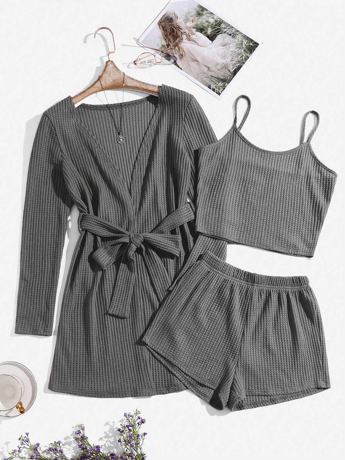 3pcs Waffle Knit Belted Lounge Set - Image 2