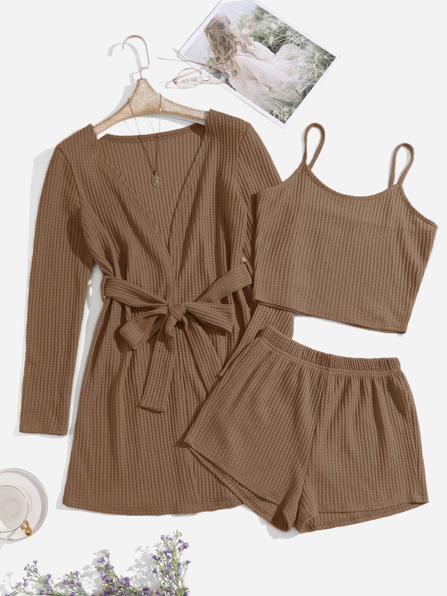 3pcs Waffle Knit Belted Lounge Set - Image 3