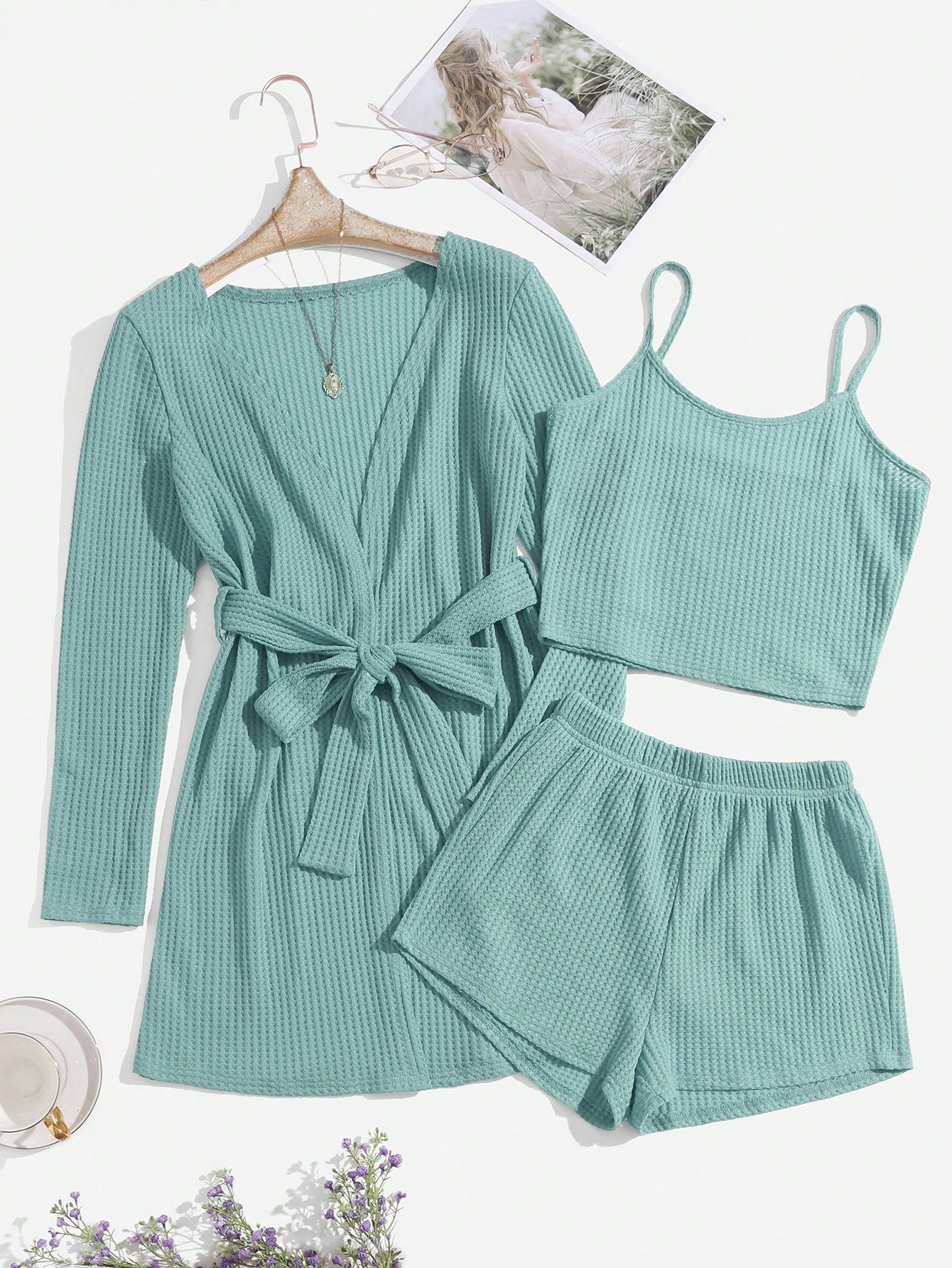 3pcs Waffle Knit Belted Lounge Set - Image 4