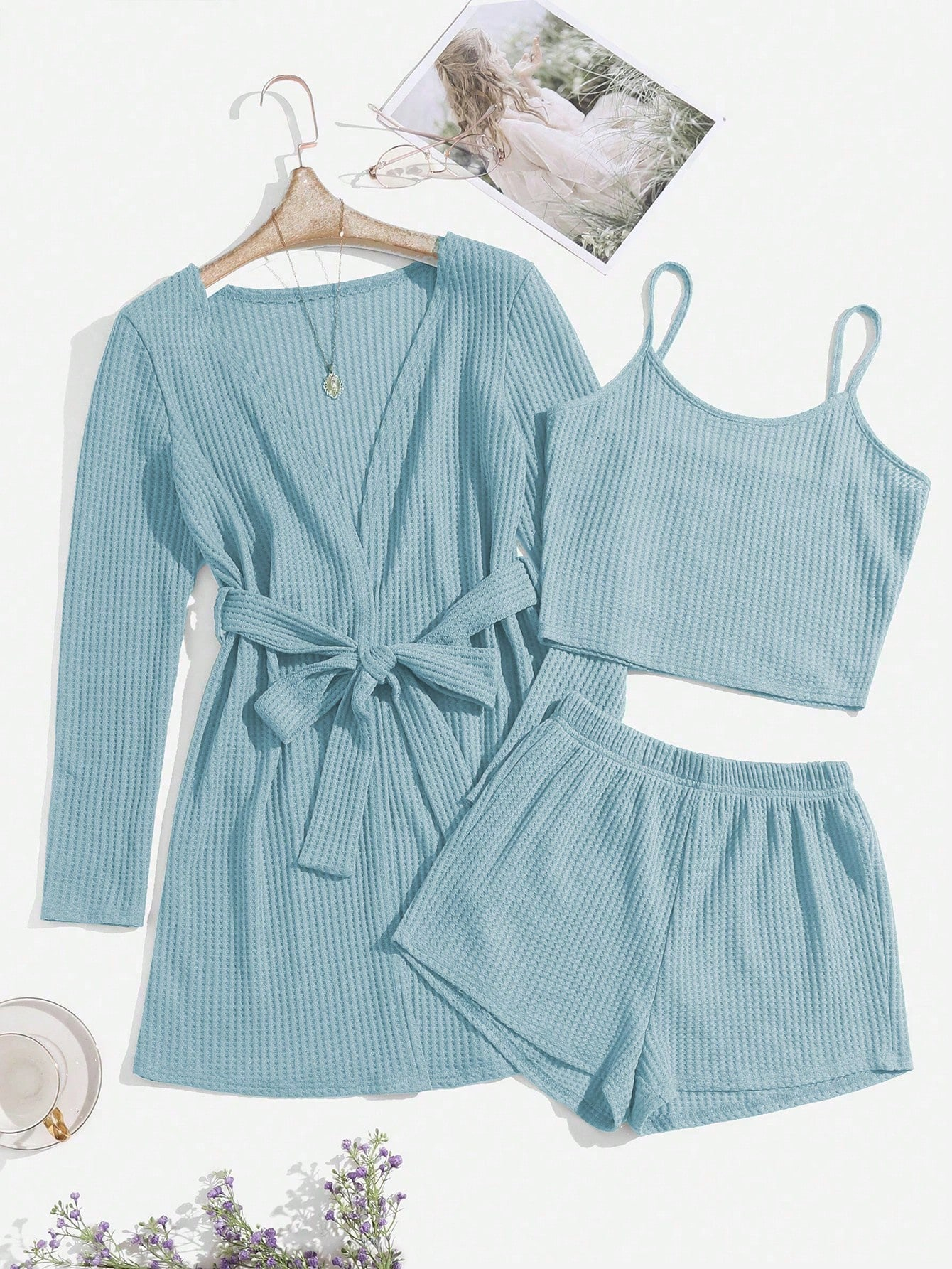 3pcs Waffle Knit Belted Lounge Set - Image 6