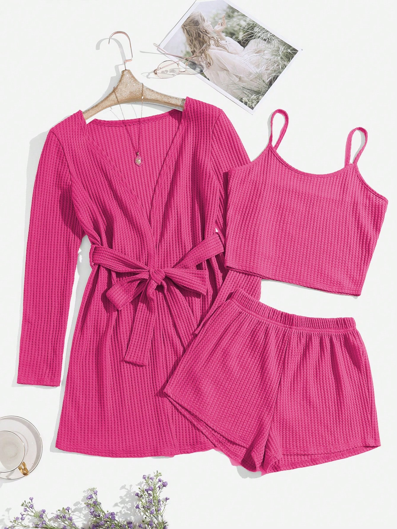 3pcs Waffle Knit Belted Lounge Set - Image 12