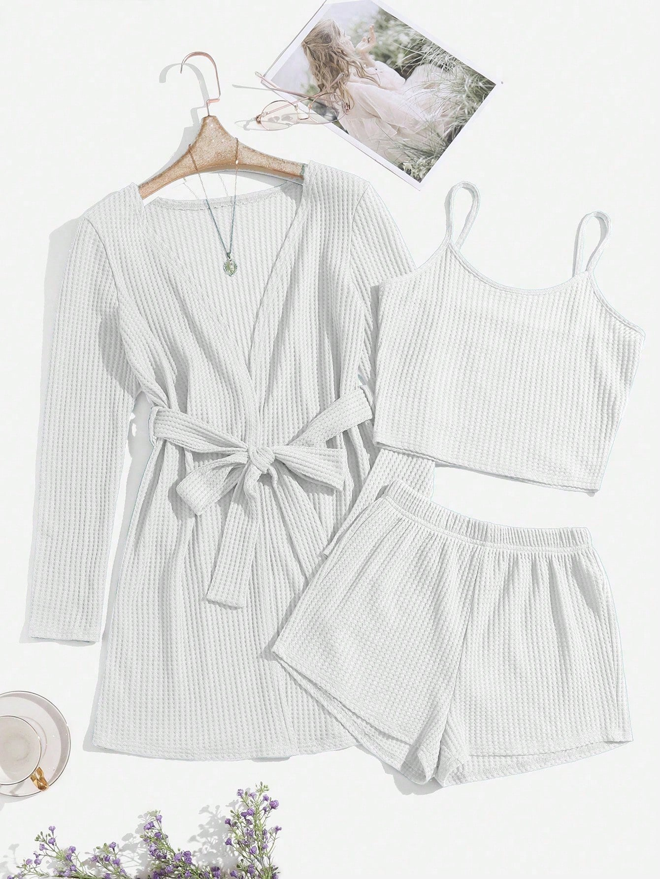 3pcs Waffle Knit Belted Lounge Set - Image 13