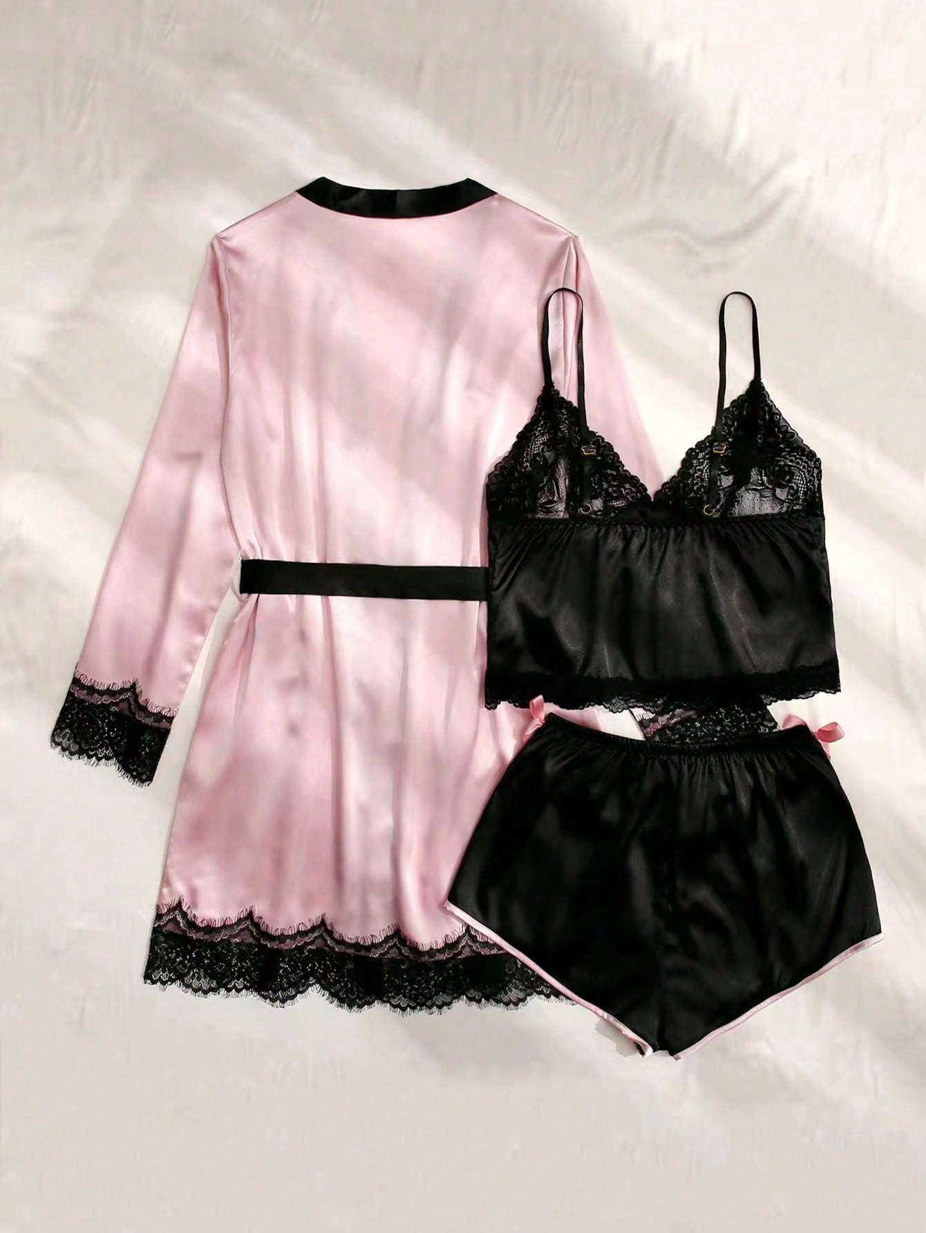 3pcs Lace Panel Bow Front Contrast Trim Belted PJ Set / Pajama Set - Image 2