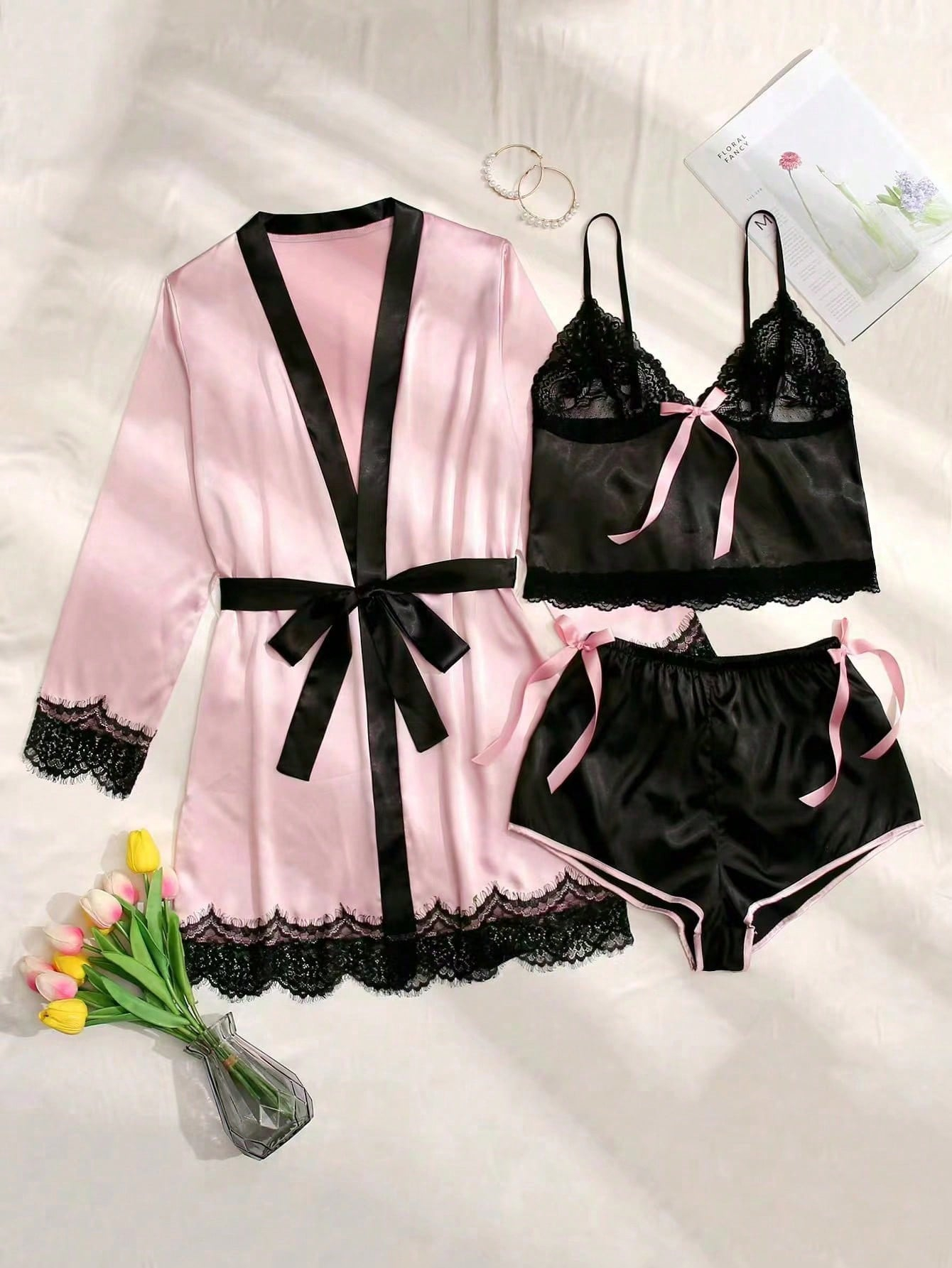 3pcs Lace Panel Bow Front Contrast Trim Belted PJ Set / Pajama Set - Image 3