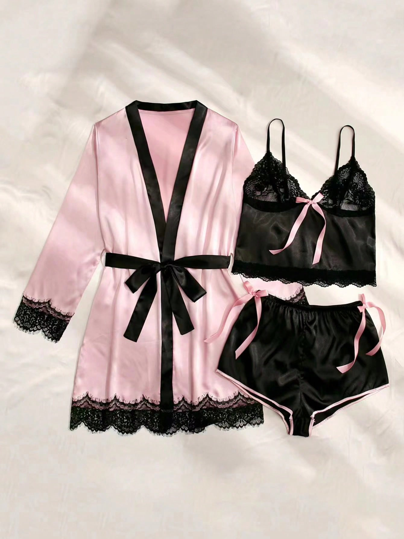 3pcs Lace Panel Bow Front Contrast Trim Belted PJ Set / Pajama Set - Image 4