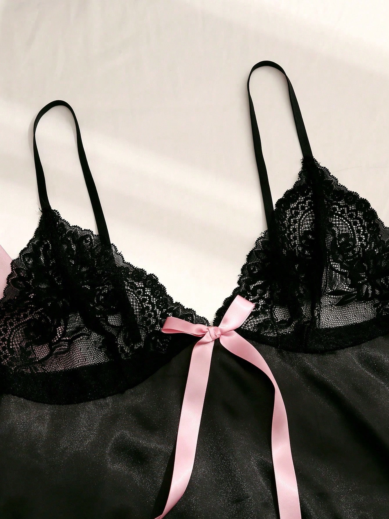 3pcs Lace Panel Bow Front Contrast Trim Belted PJ Set / Pajama Set - Image 5