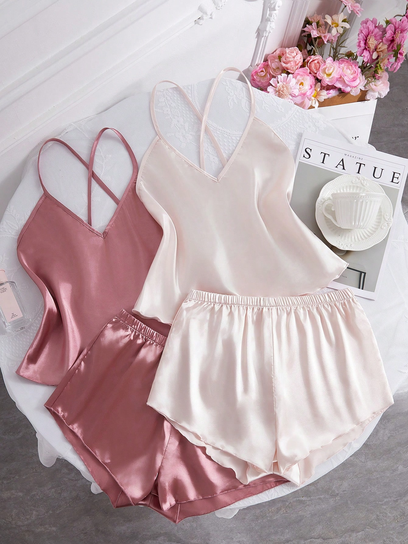 2 Sets Of Solid Color Silk-Like Camisole And Shorts Pajama Set