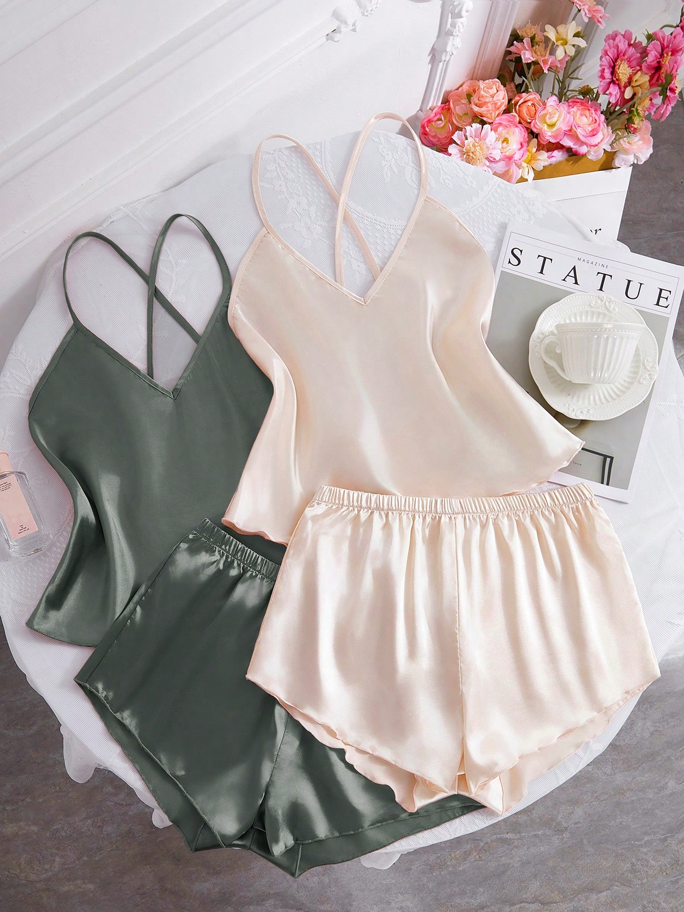 2 Sets Of Solid Color Silk-Like Camisole And Shorts Pajama Set - Image 8