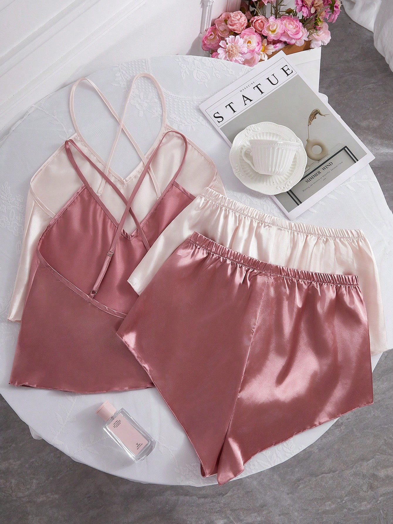 2 Sets Of Solid Color Silk-Like Camisole And Shorts Pajama Set - Image 9