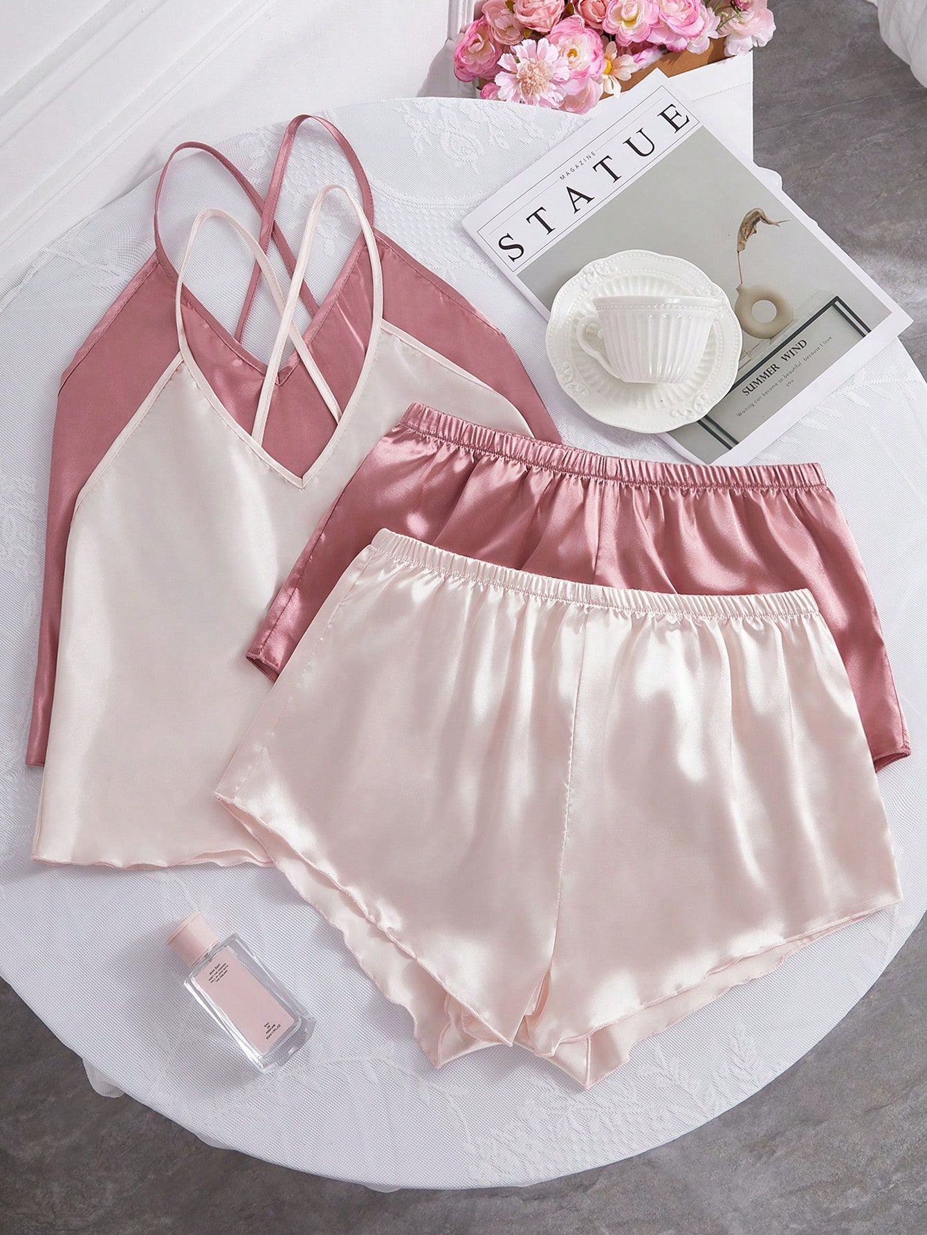 2 Sets Of Solid Color Silk-Like Camisole And Shorts Pajama Set - Image 12