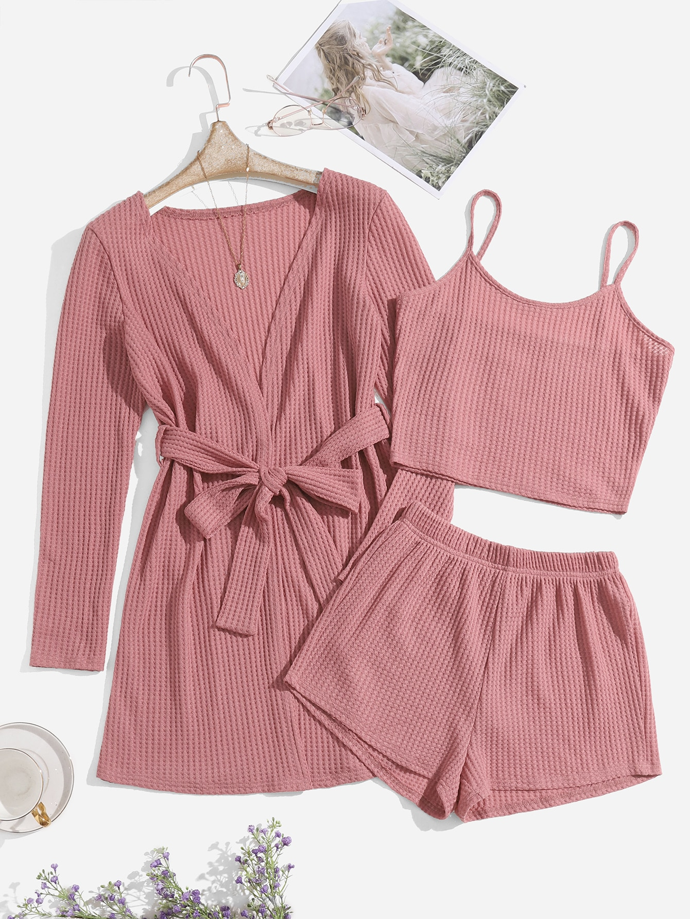 3pcs Waffle Knit Belted Lounge Set