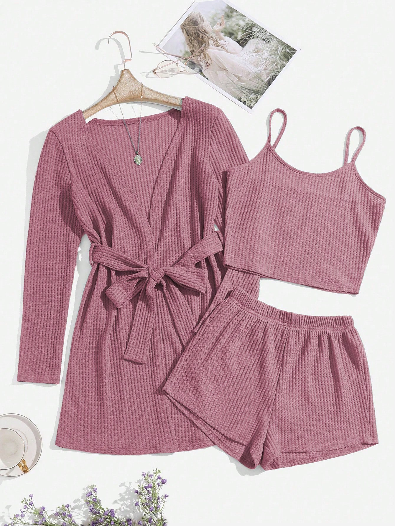 3pcs Waffle Knit Belted Lounge Set - Image 23