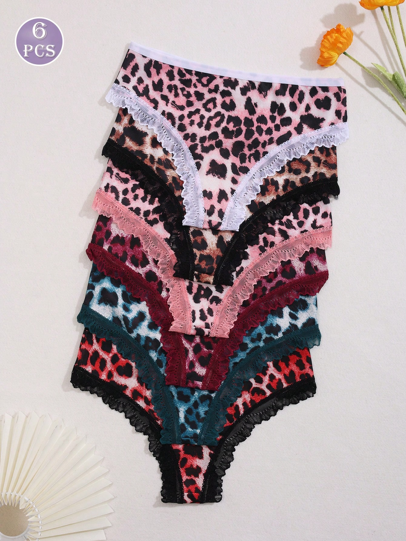 6pcs Women's Leopard Print Contrast Lace Low-Waist Bikini Briefs - Image 2
