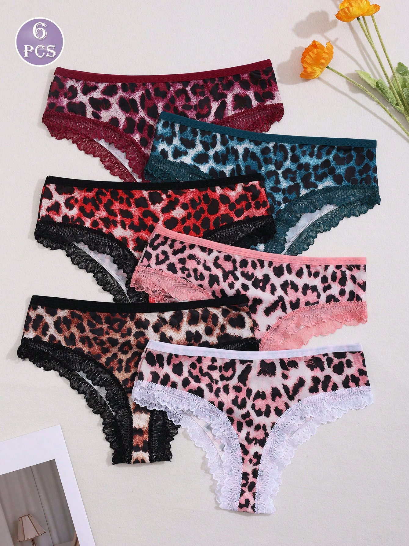 6pcs Women's Leopard Print Contrast Lace Low-Waist Bikini Briefs - Image 3