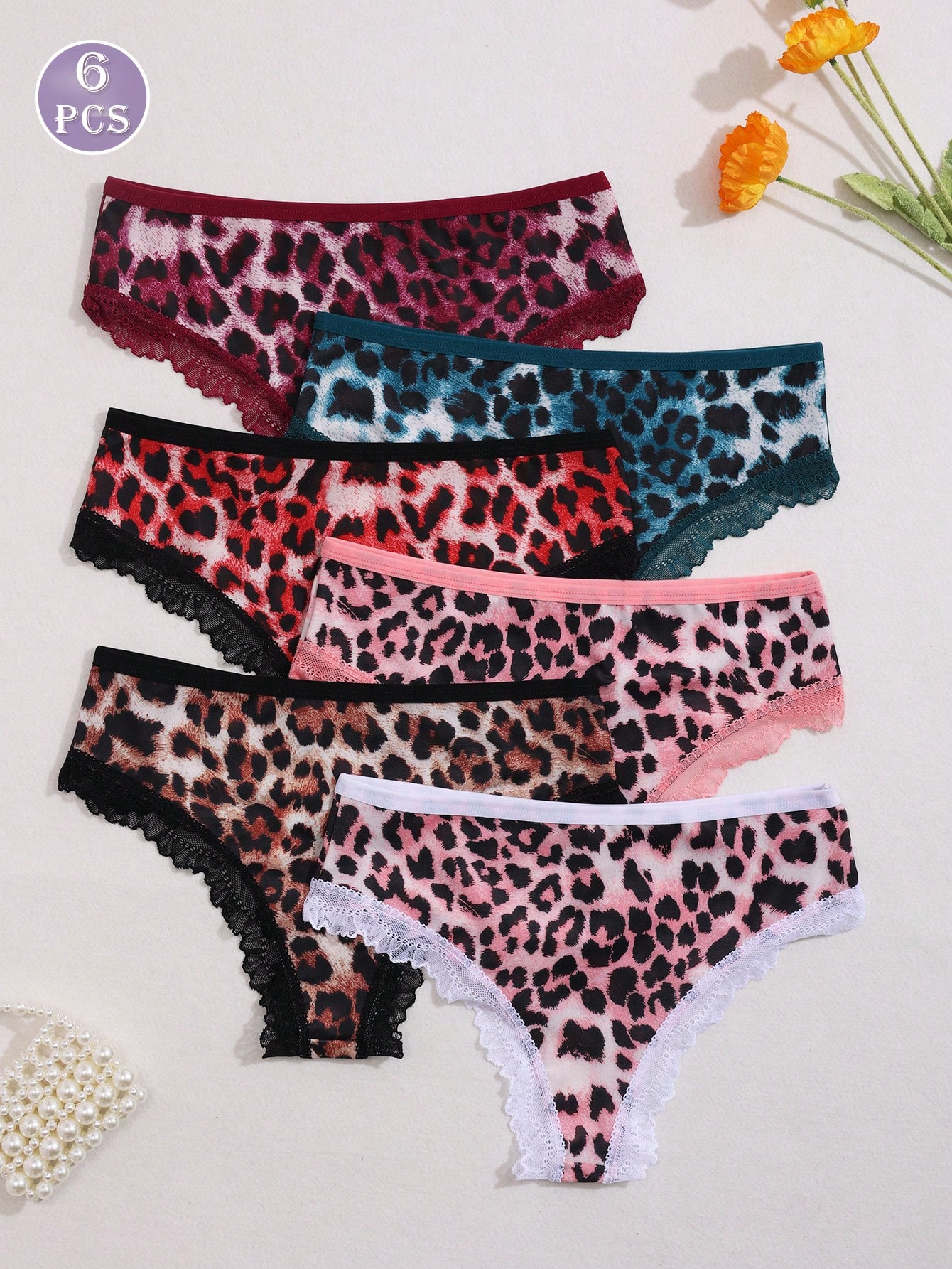 6pcs Women's Leopard Print Contrast Lace Low-Waist Bikini Briefs - Image 4