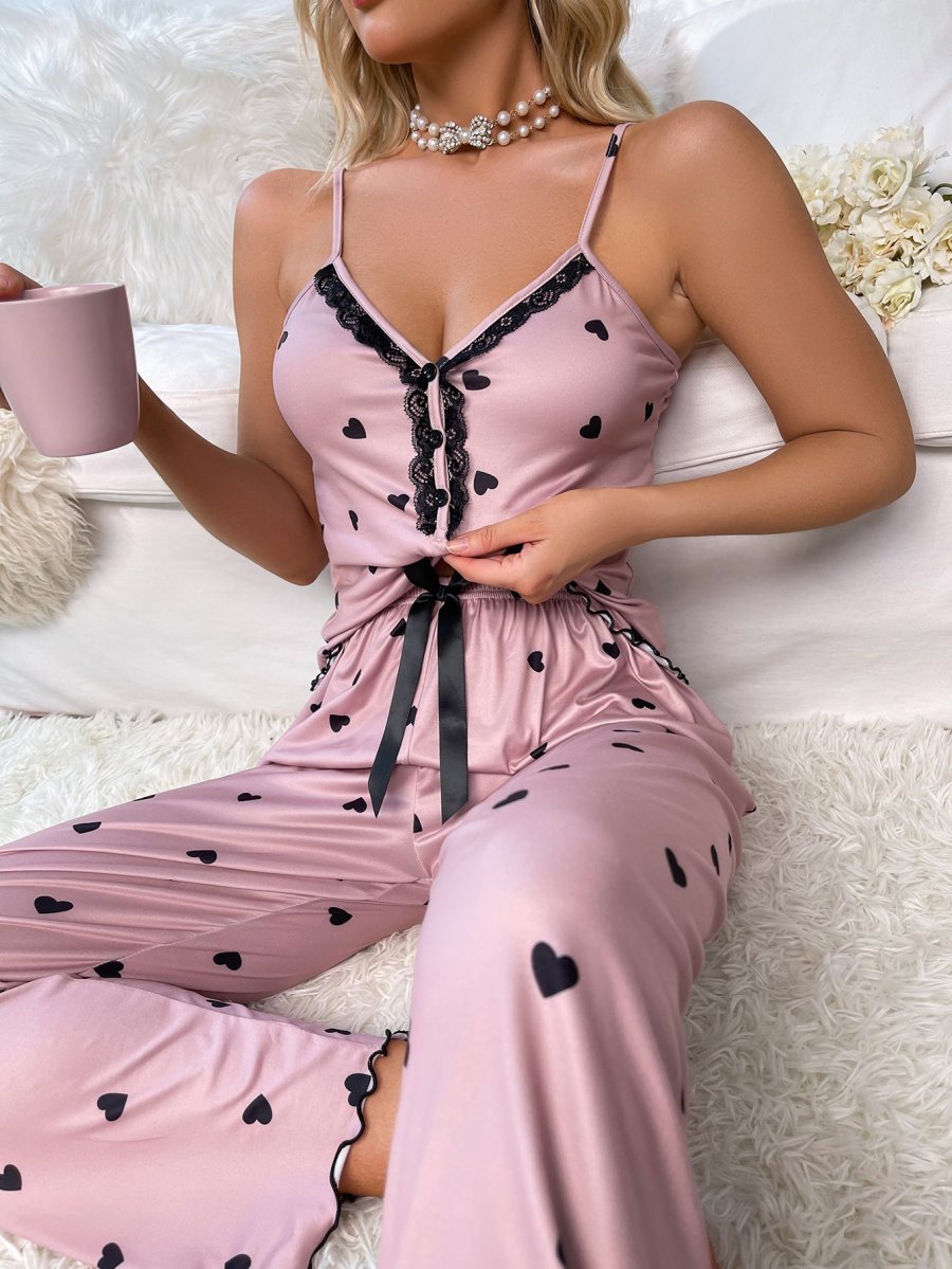 Dream Adore Heart Print Contrast Lace Bow Front Cami PJ Set / Pajama Set - Image 2