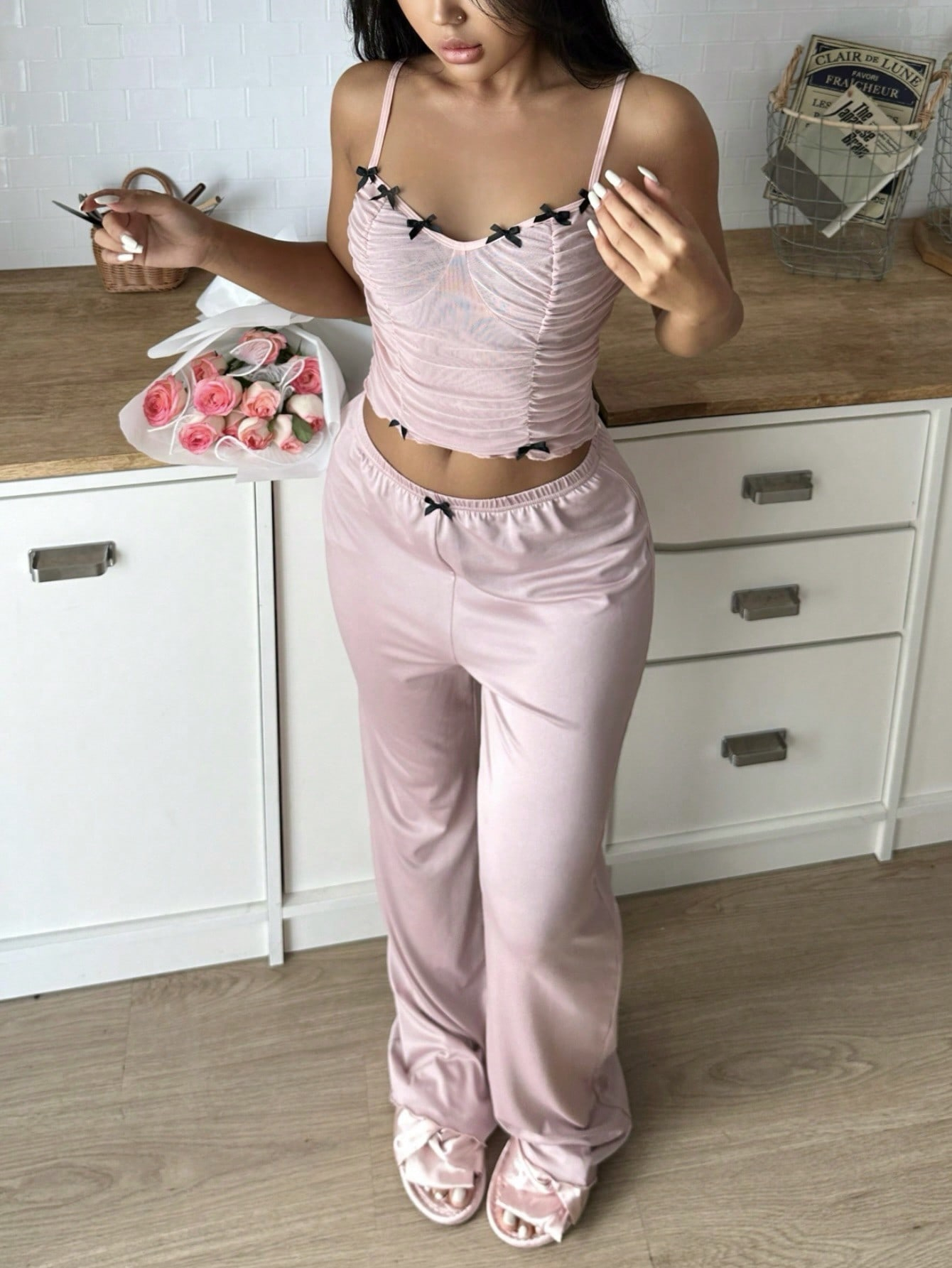SweetSlumber 1set Women Bow Decor Camisole & Elastic Waist Pants Sleepwear Pajamas - Image 3