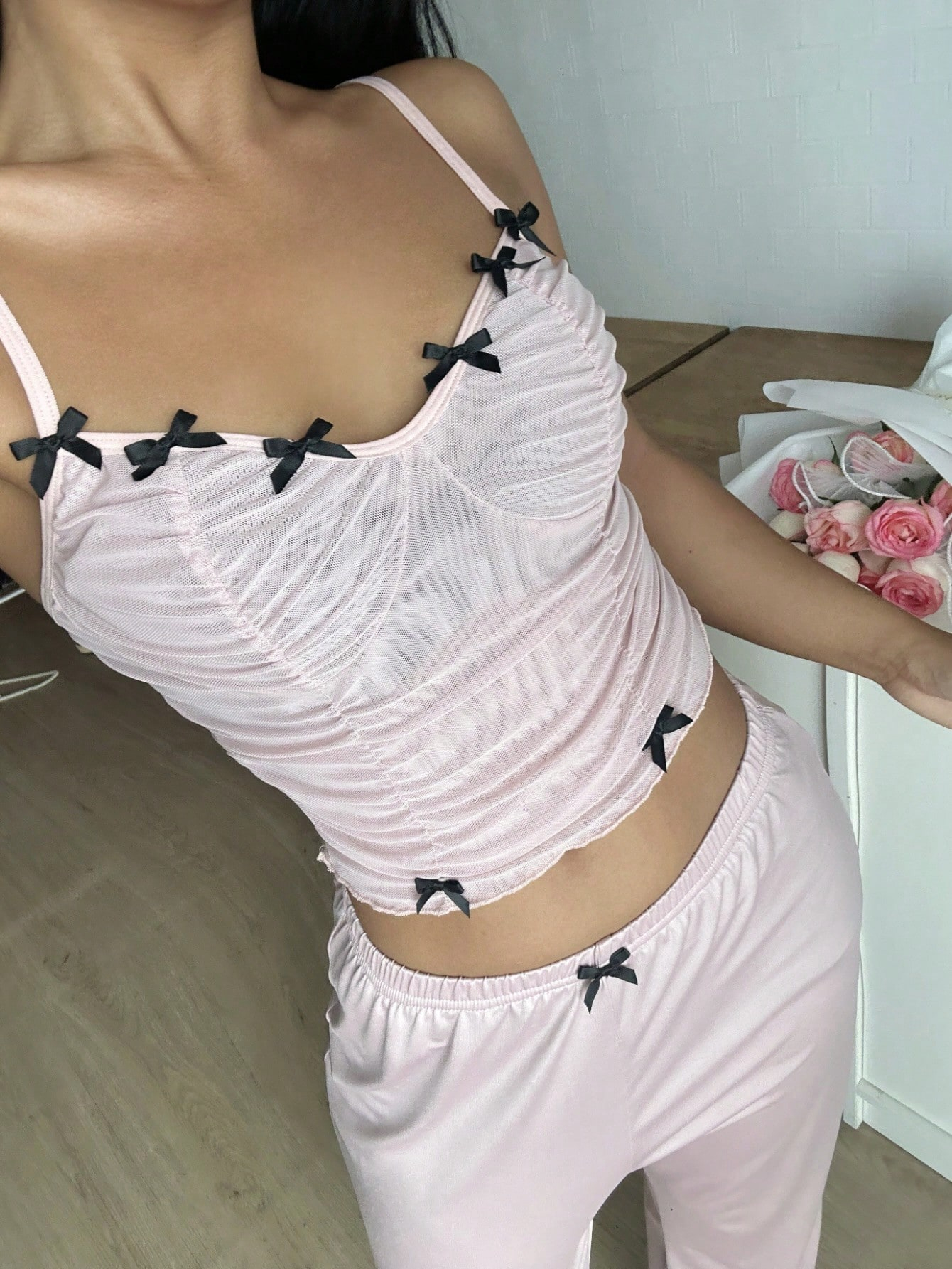 SweetSlumber 1set Women Bow Decor Camisole & Elastic Waist Pants Sleepwear Pajamas - Image 4