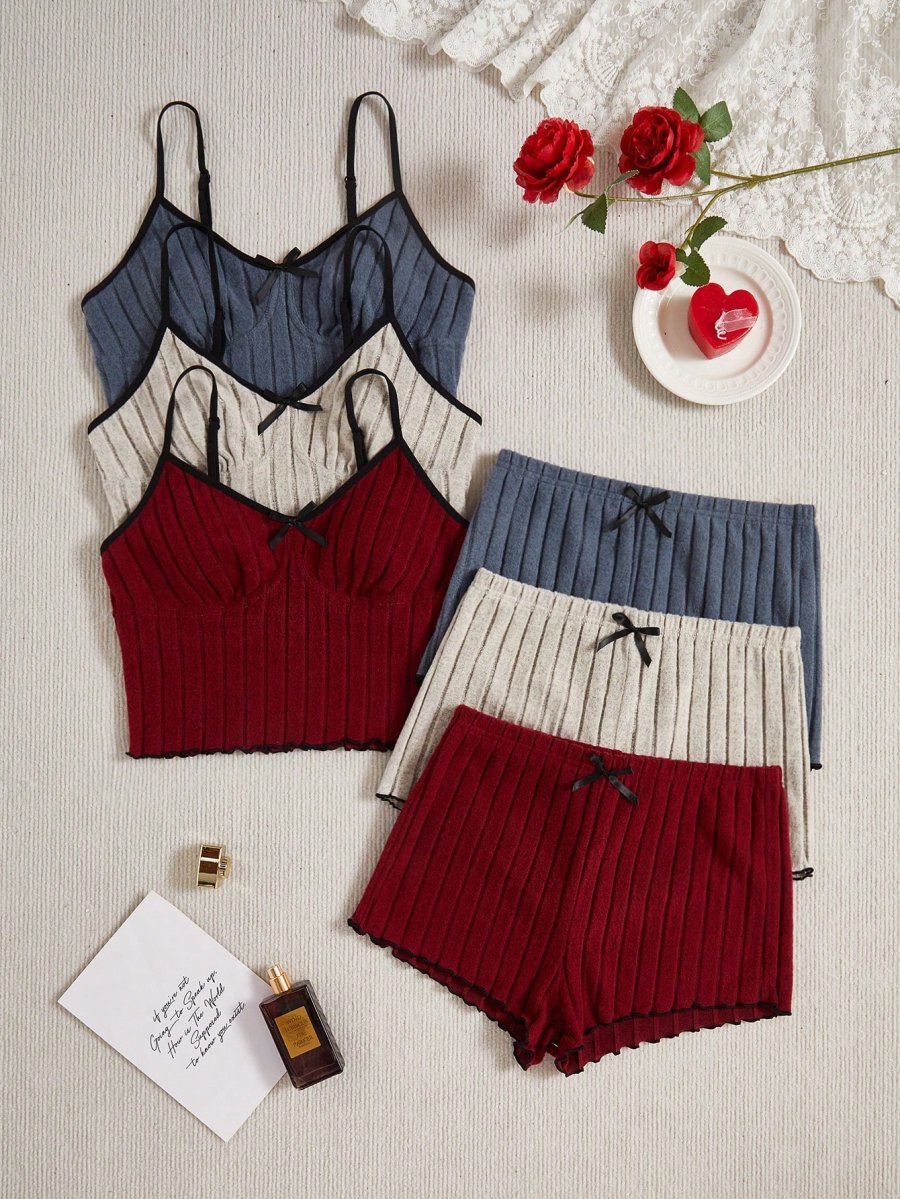 3pcs Women Casual Bow Decor Camisole & Shorts Home Wear Set