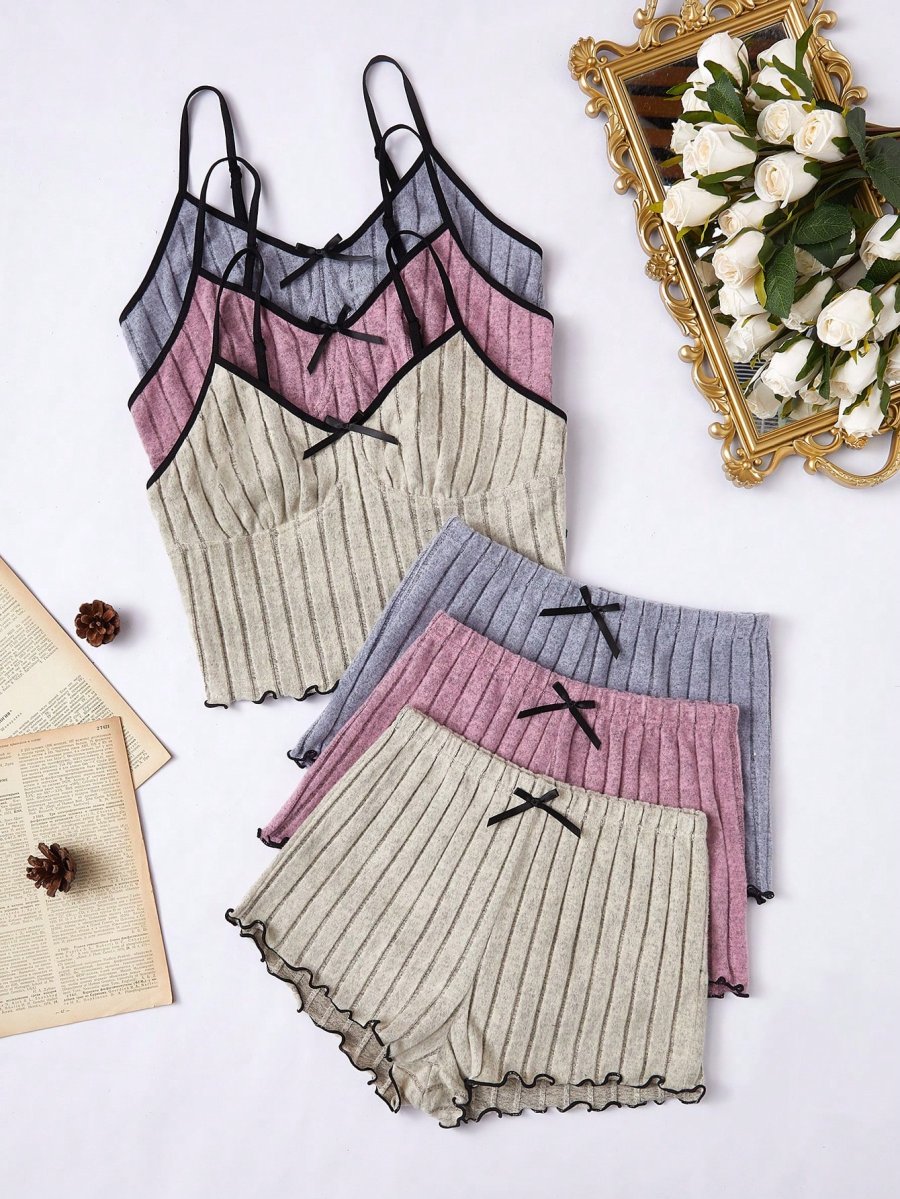 3pcs Women Casual Bow Decor Camisole & Shorts Home Wear Set - Image 2