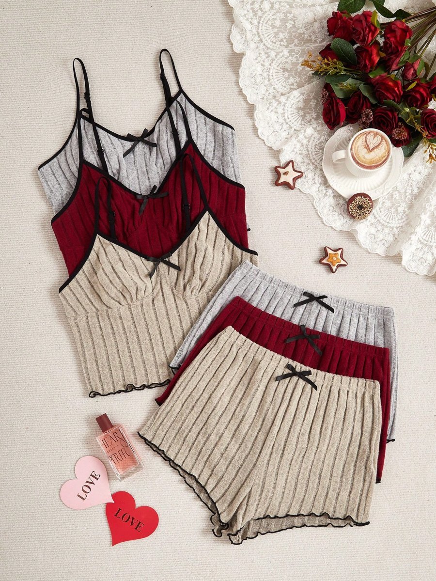 3pcs Women Casual Bow Decor Camisole & Shorts Home Wear Set - Image 3