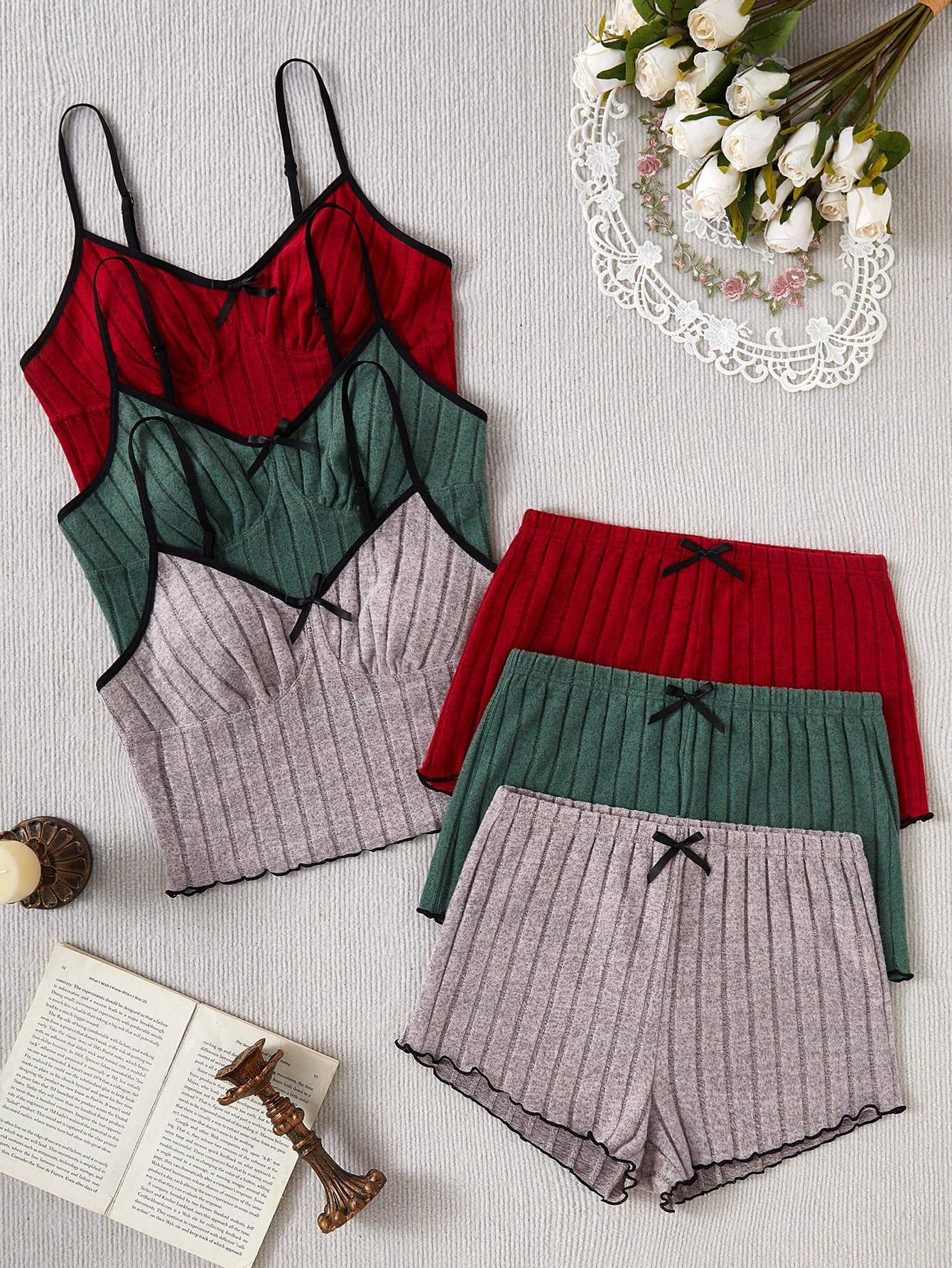 3pcs Women Casual Bow Decor Camisole & Shorts Home Wear Set - Image 5