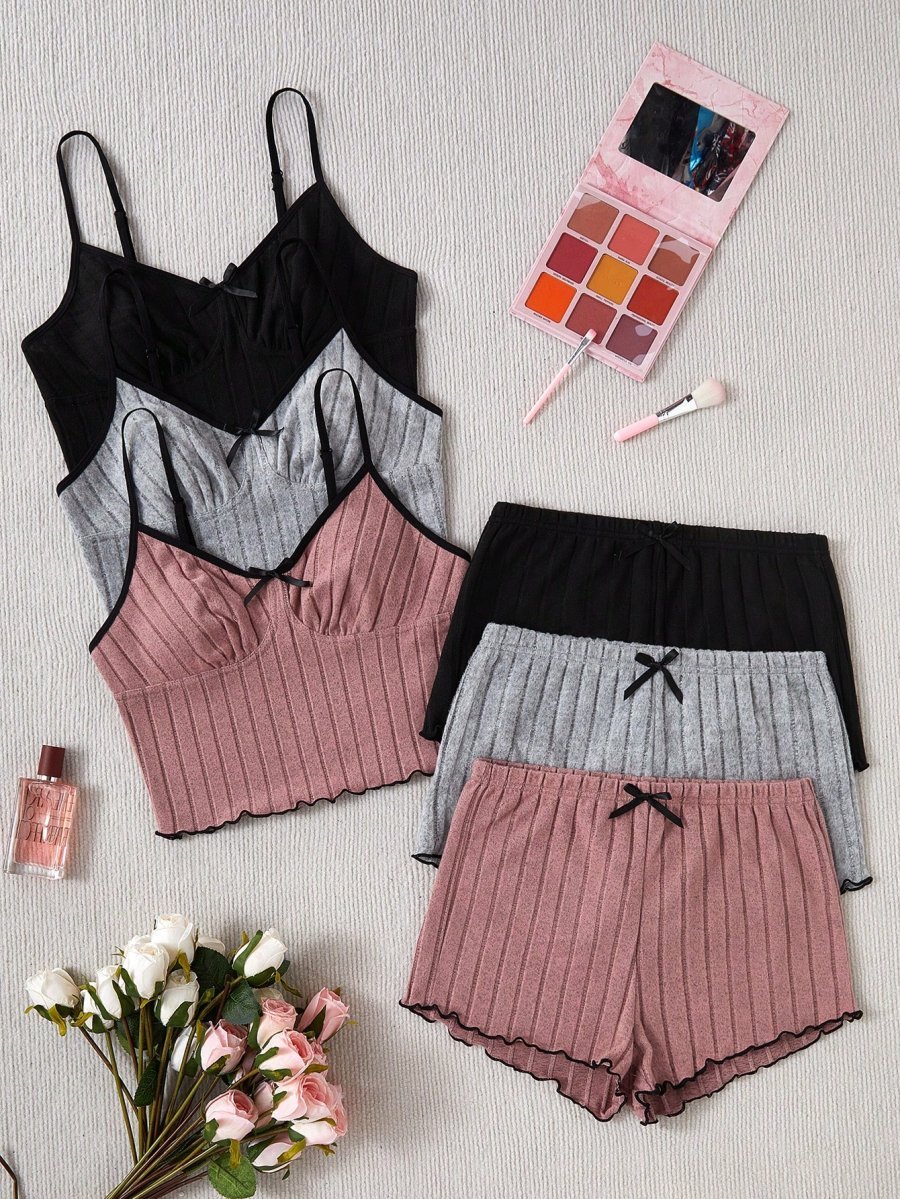 3pcs Women Casual Bow Decor Camisole & Shorts Home Wear Set - Image 6