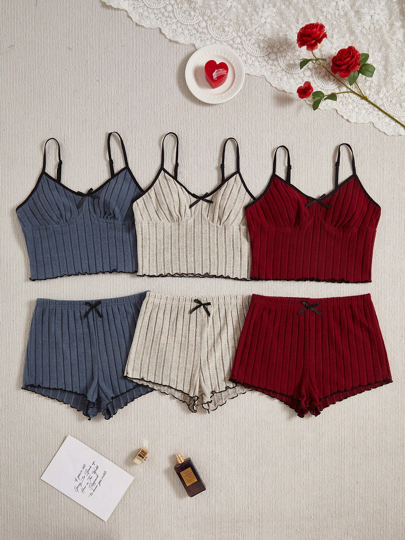 3pcs Women Casual Bow Decor Camisole & Shorts Home Wear Set - Image 8