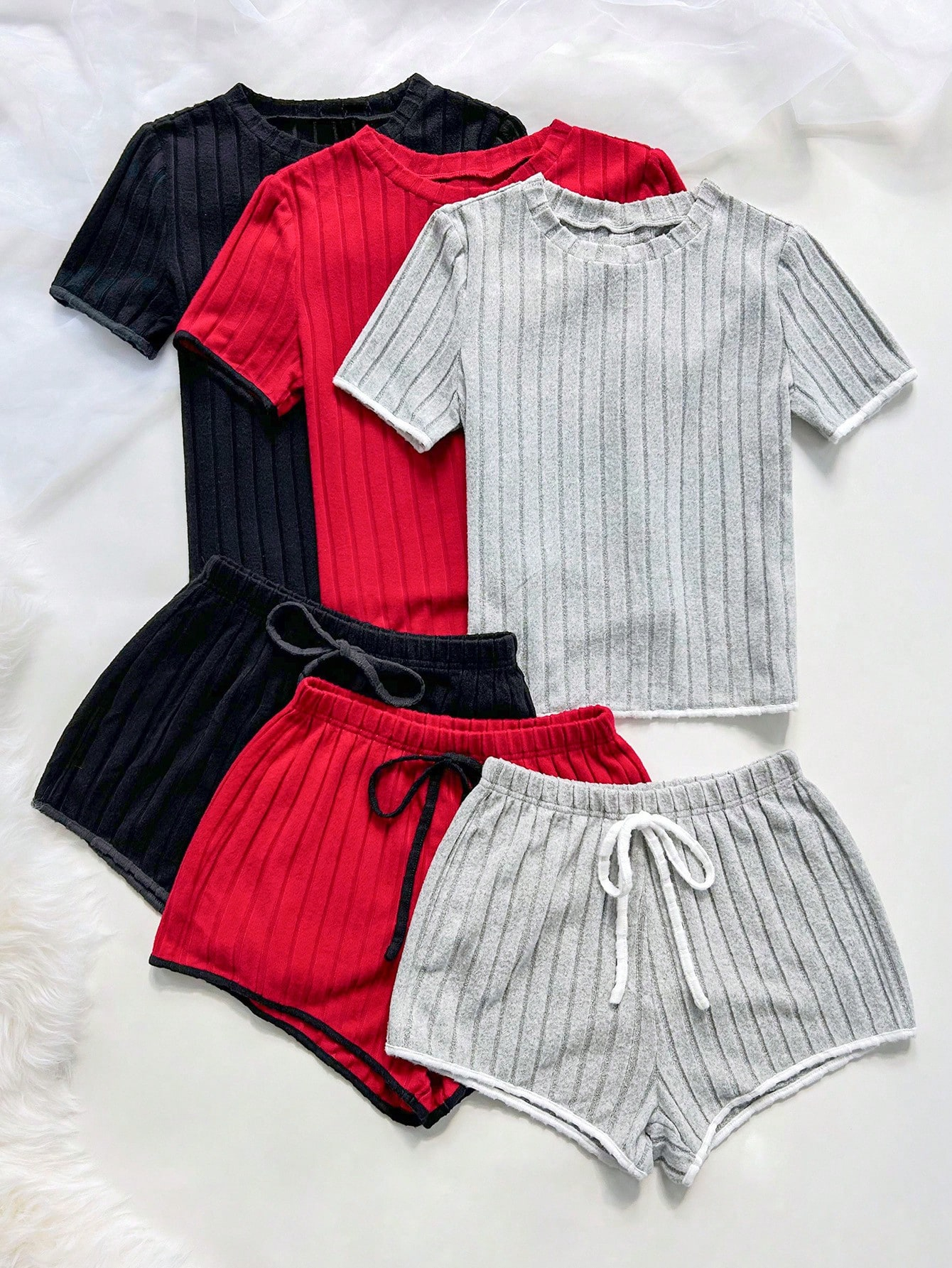 3pcs/Set Women Sleepwear Set, Round Neck Short Sleeve Top And Shorts