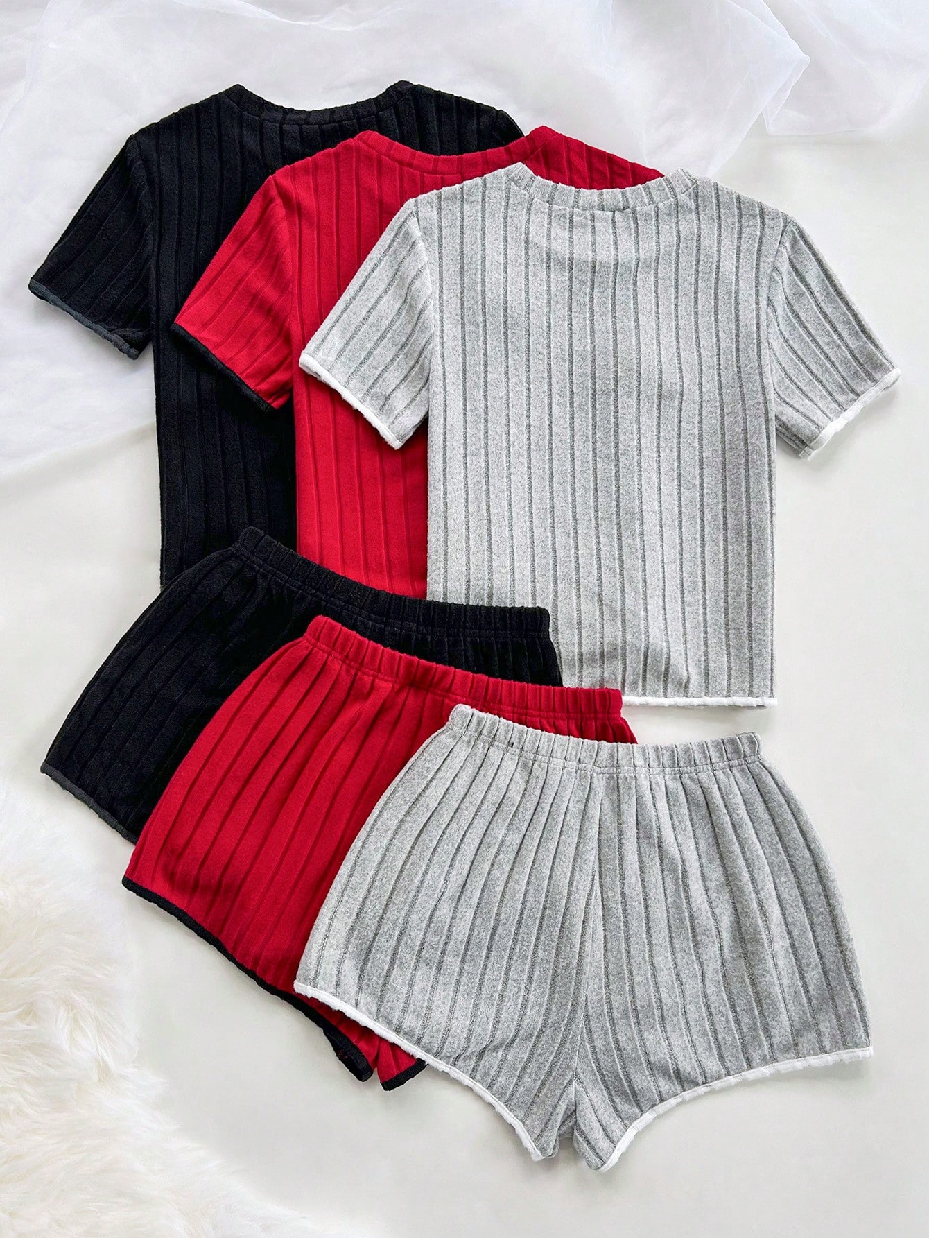 3pcs/Set Women Sleepwear Set, Round Neck Short Sleeve Top And Shorts - Image 2