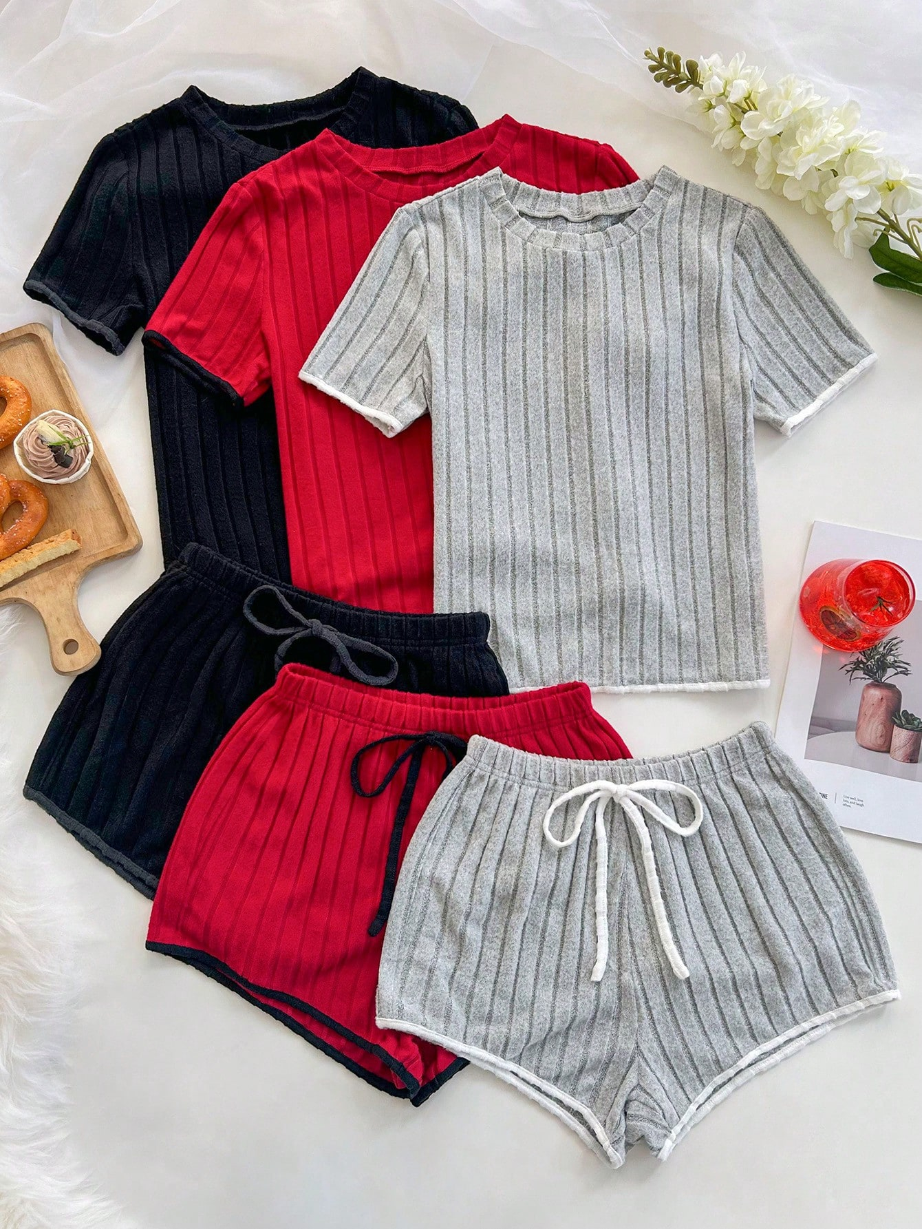 3pcs/Set Women Sleepwear Set, Round Neck Short Sleeve Top And Shorts - Image 6