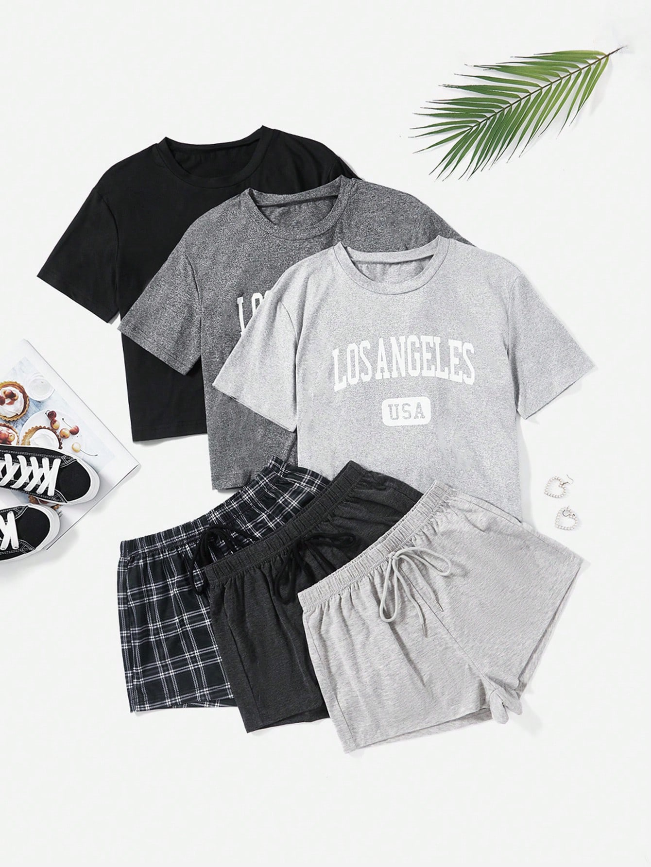Women's Loungewear Set, Round Neck Letter Print Short Sleeve Top And Drawstring Plaid Shorts - Image 2