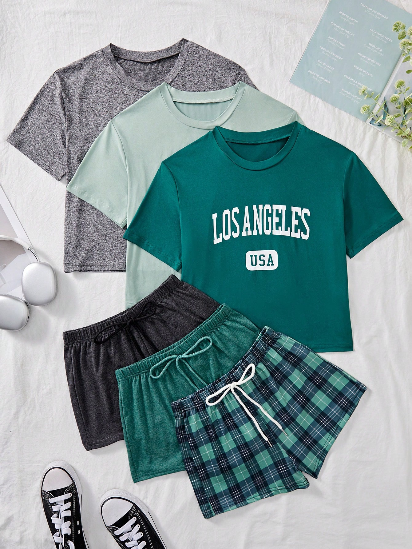 Women's Loungewear Set, Round Neck Letter Print Short Sleeve Top And Drawstring Plaid Shorts - Image 3