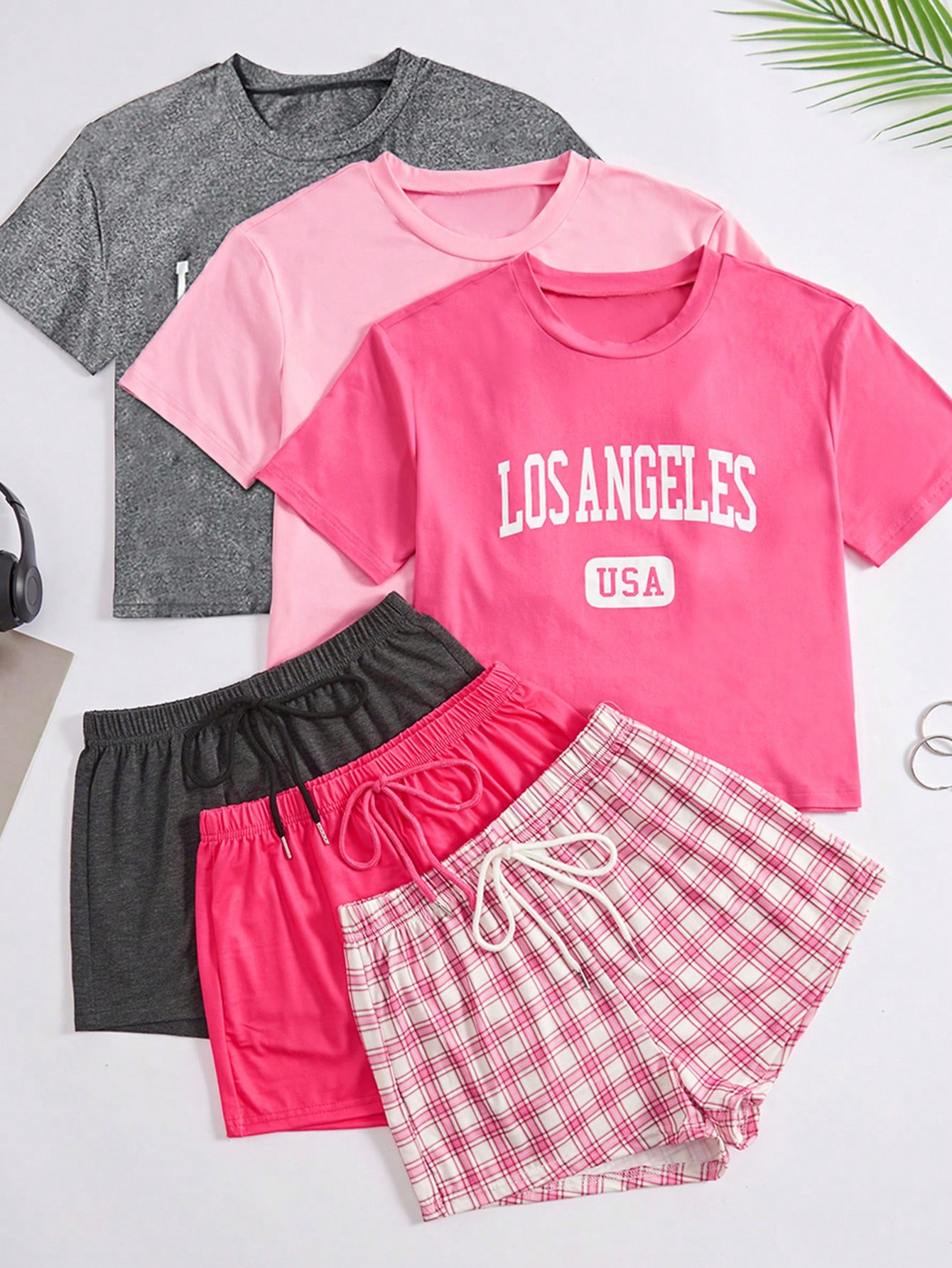 Women's Loungewear Set, Round Neck Letter Print Short Sleeve Top And Drawstring Plaid Shorts - Image 5