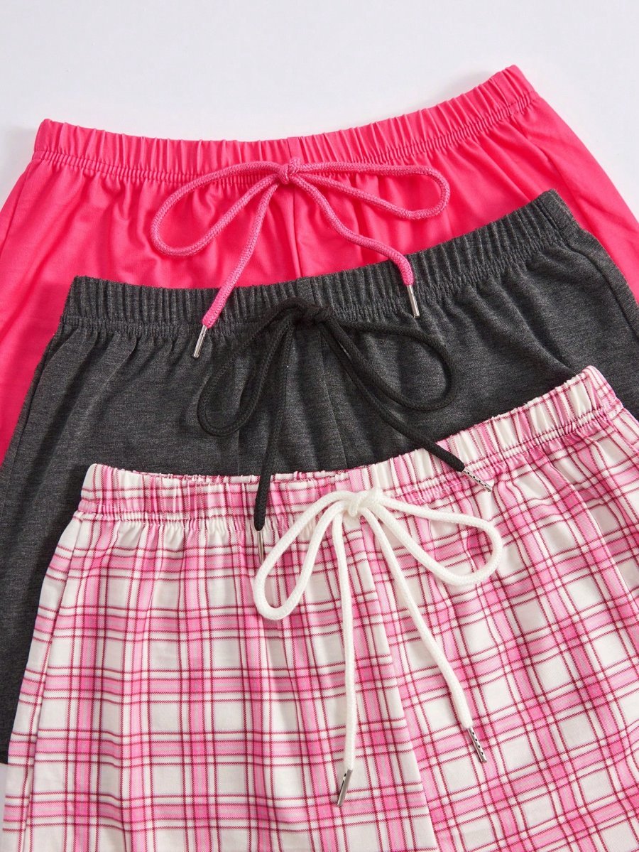 Women's Loungewear Set, Round Neck Letter Print Short Sleeve Top And Drawstring Plaid Shorts - Image 7
