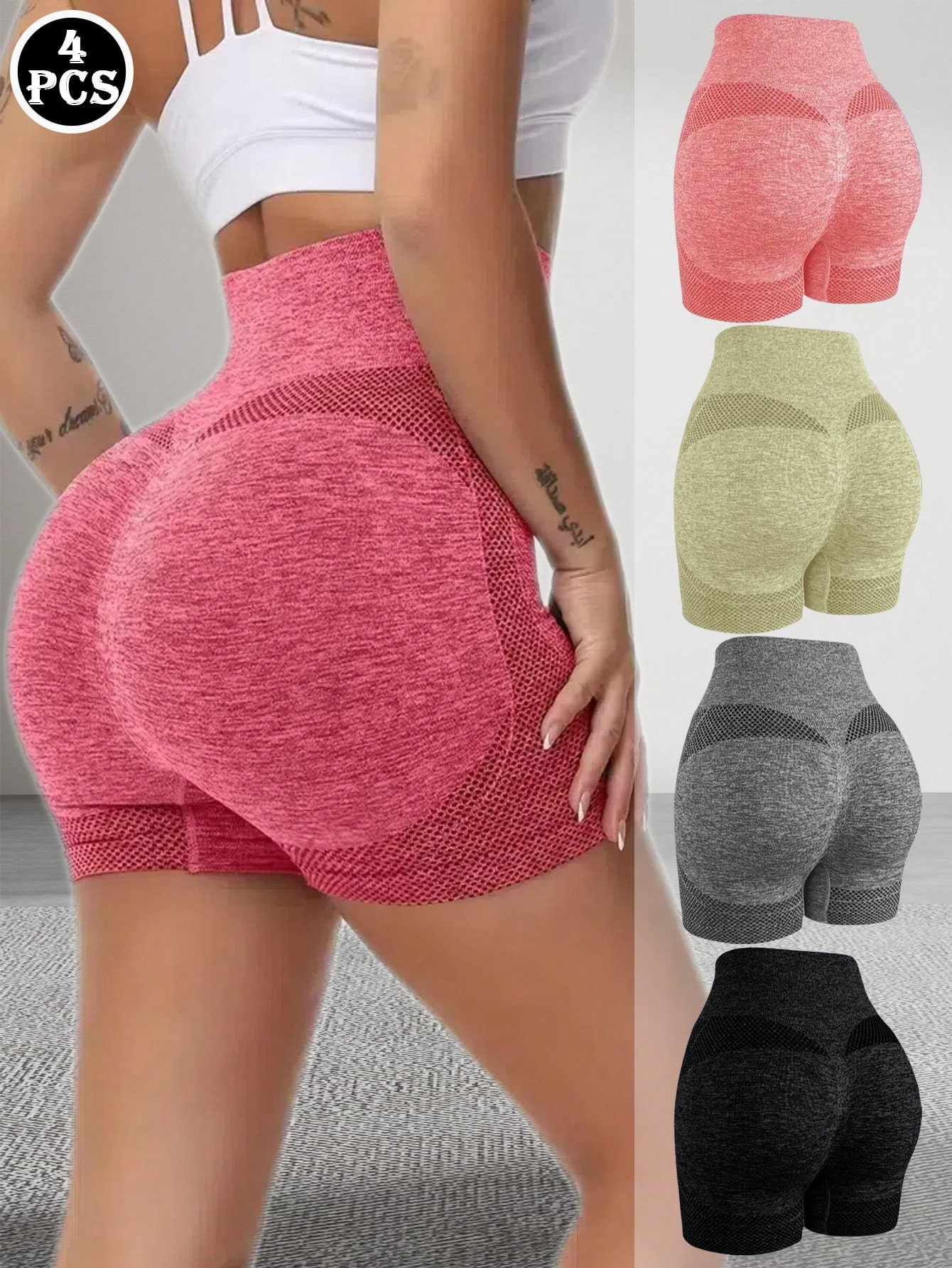 Women 4pcs Peach Butt Lifting High Waisted Yoga Sports Leggings Tummy Control Workout Shorts