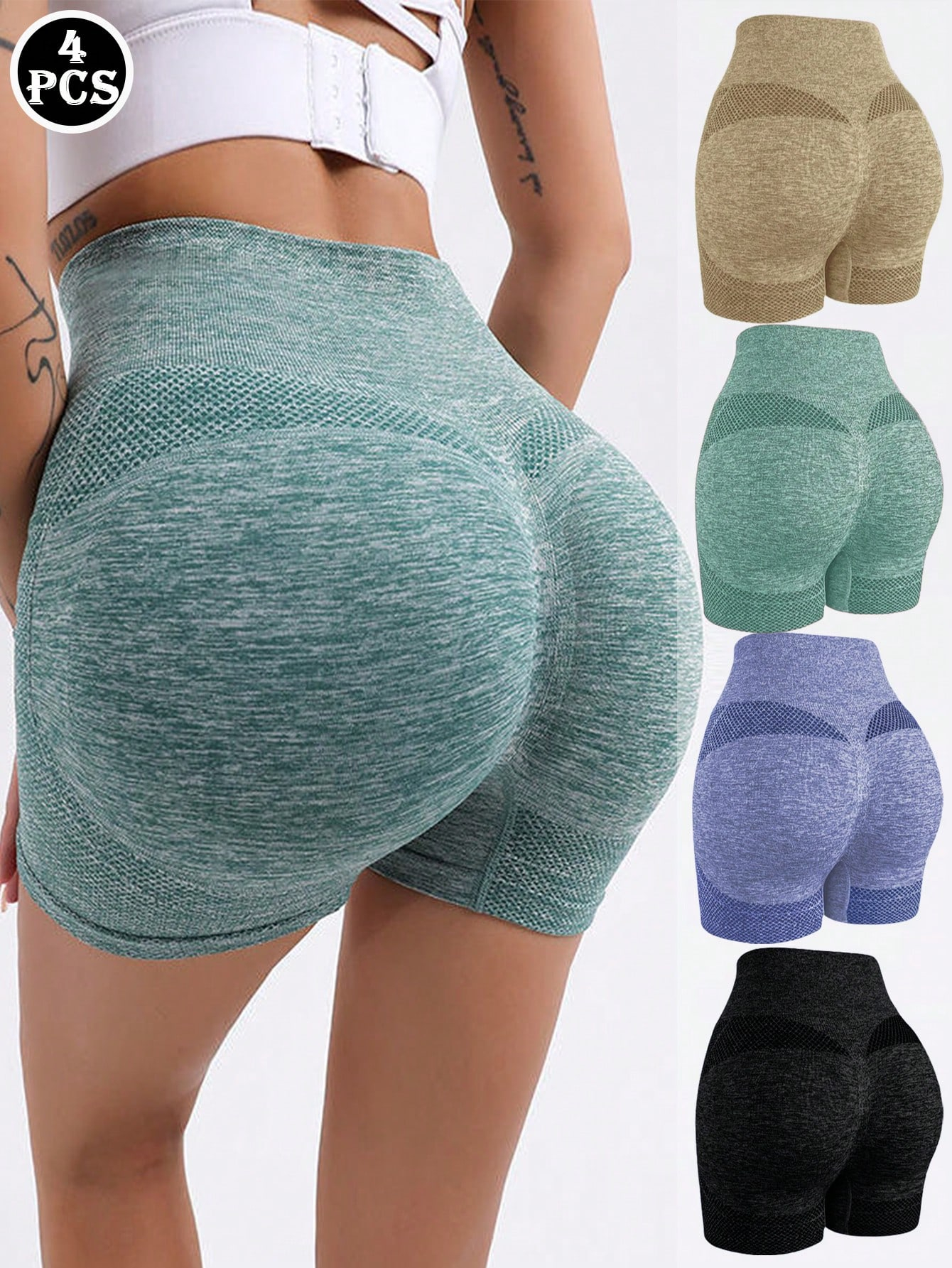 Women 4pcs Peach Butt Lifting High Waisted Yoga Sports Leggings Tummy Control Workout Shorts - Image 2