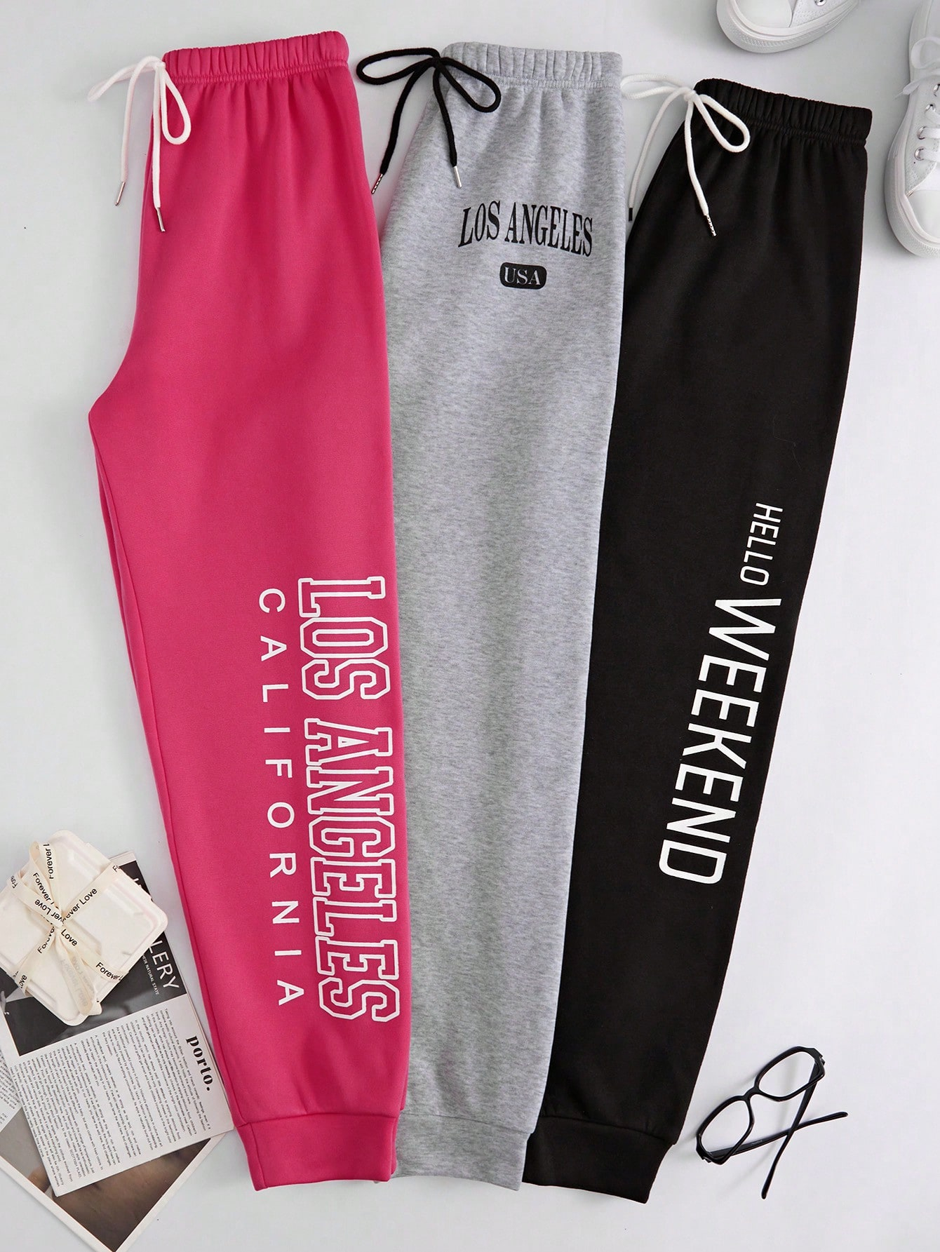 3pcs Letter Graphic Drawstring Waist Lounge Pants - Image 3