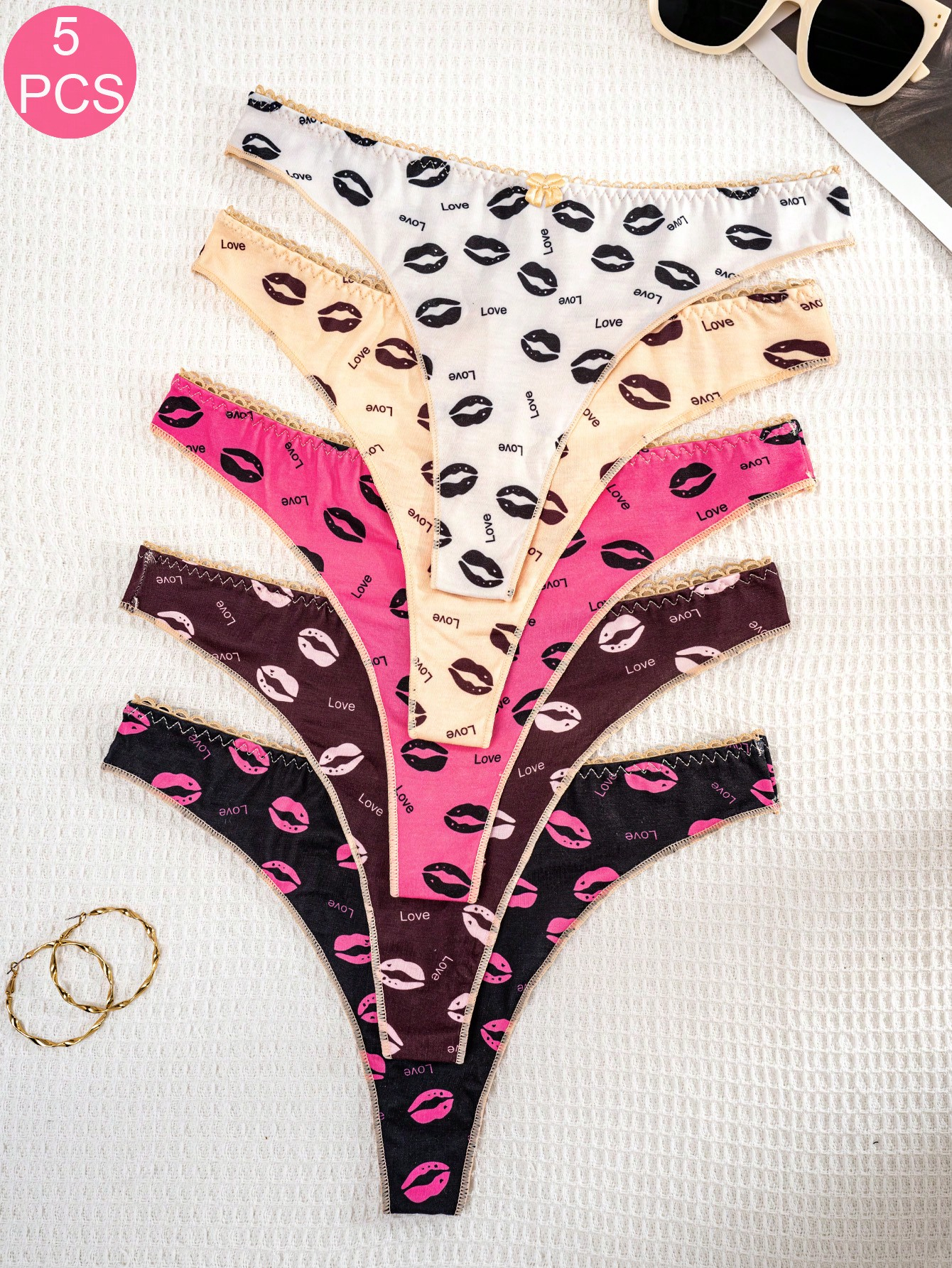 5pcs/Pack Women Solid Color Lip & Bow Pattern Comfort Thongs
