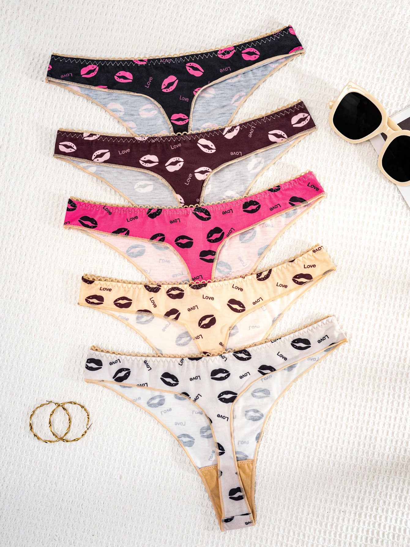 5pcs/Pack Women Solid Color Lip & Bow Pattern Comfort Thongs - Image 2