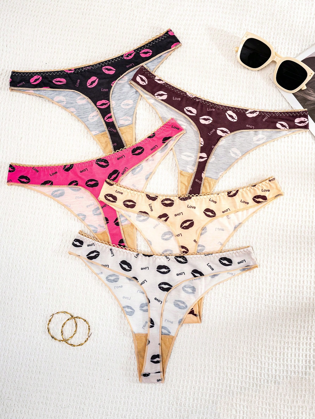 5pcs/Pack Women Solid Color Lip & Bow Pattern Comfort Thongs - Image 5