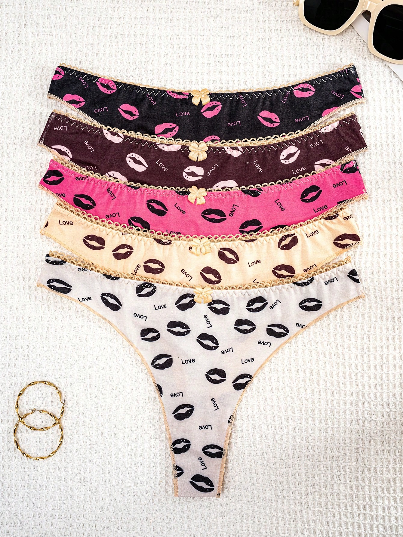 5pcs/Pack Women Solid Color Lip & Bow Pattern Comfort Thongs - Image 6